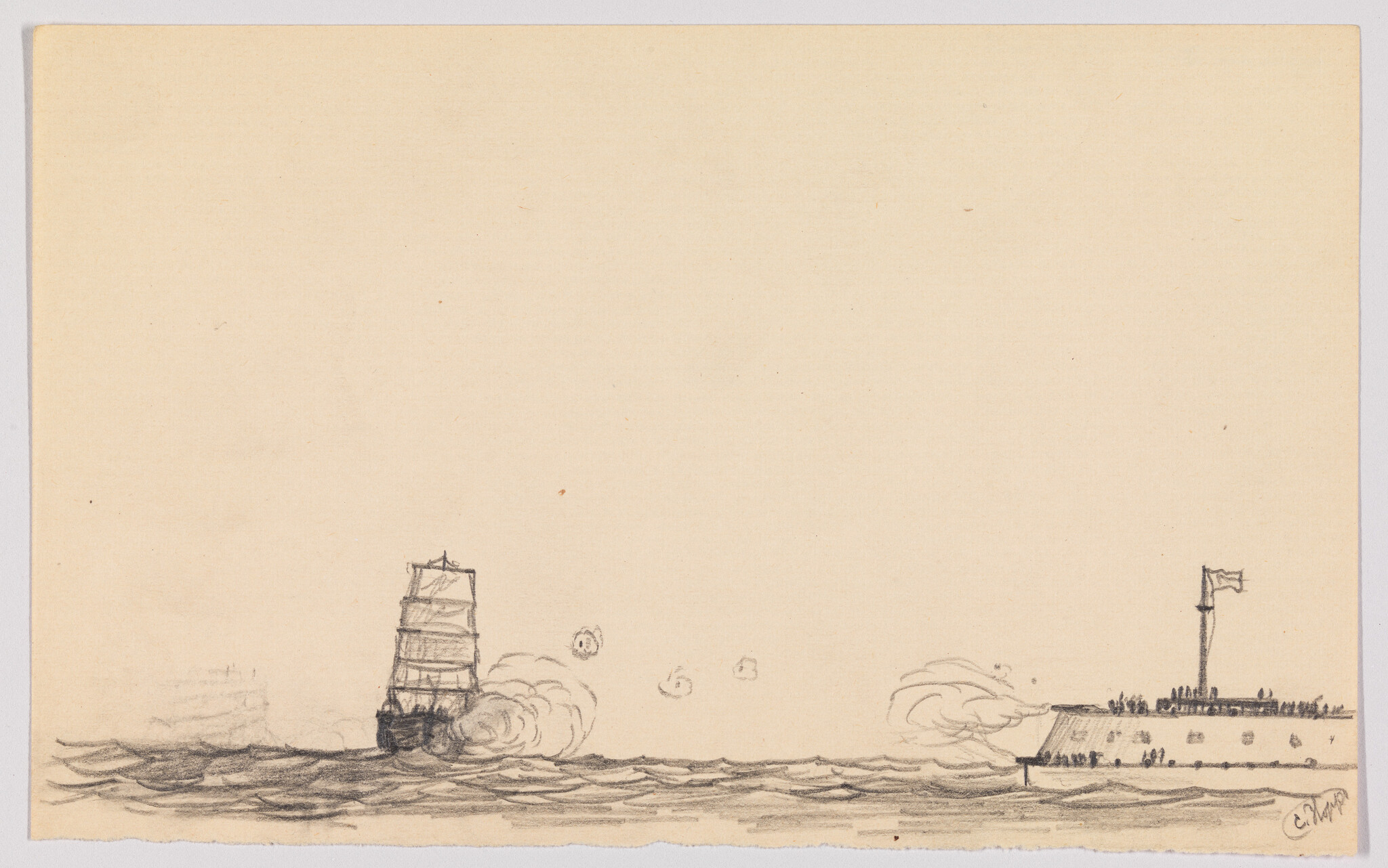 A sailing ship fires cannons toward a coastal fort while waves roll beneath a pale sky.