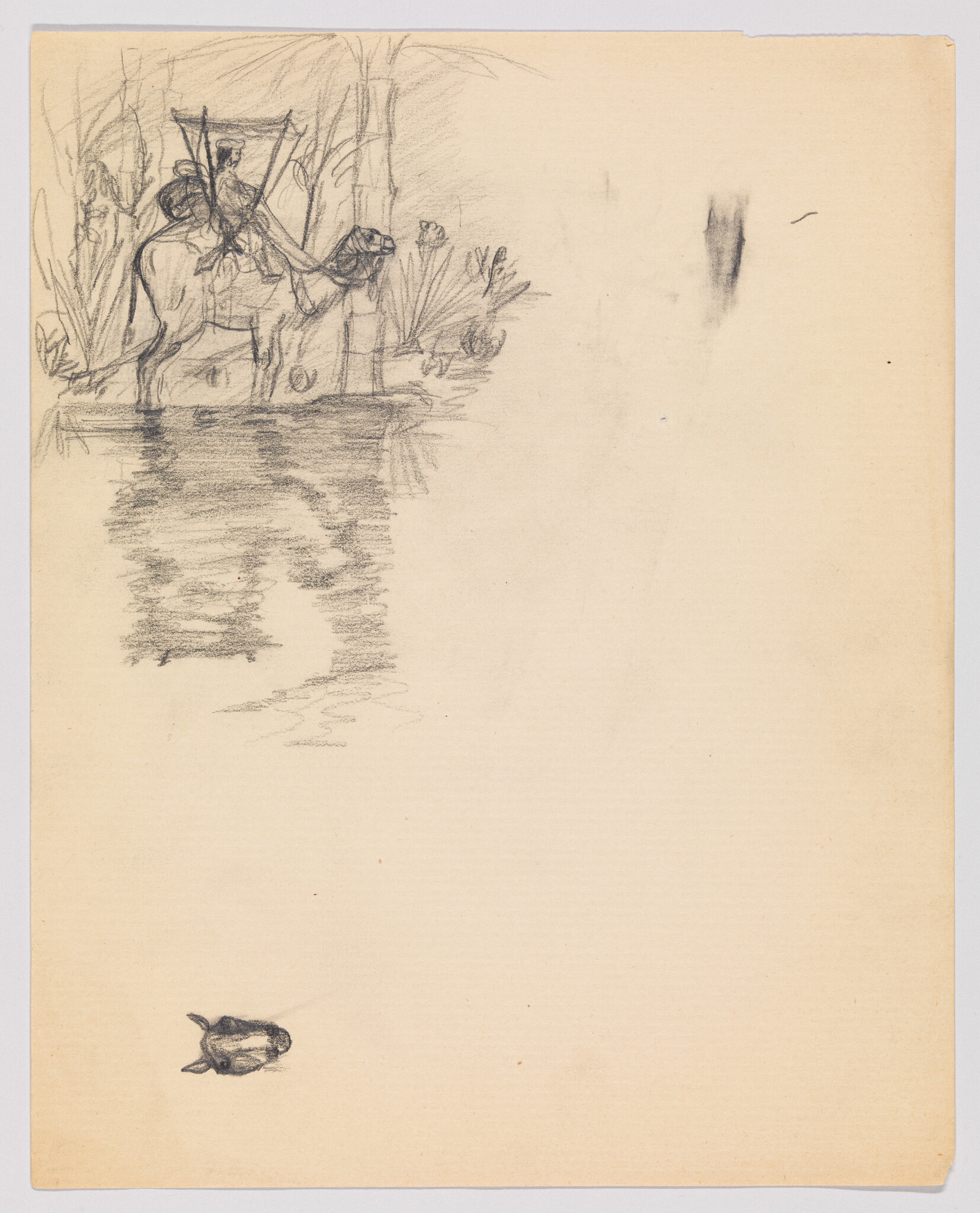 A rider on a saddled camel stands at the water's edge with its reflection.