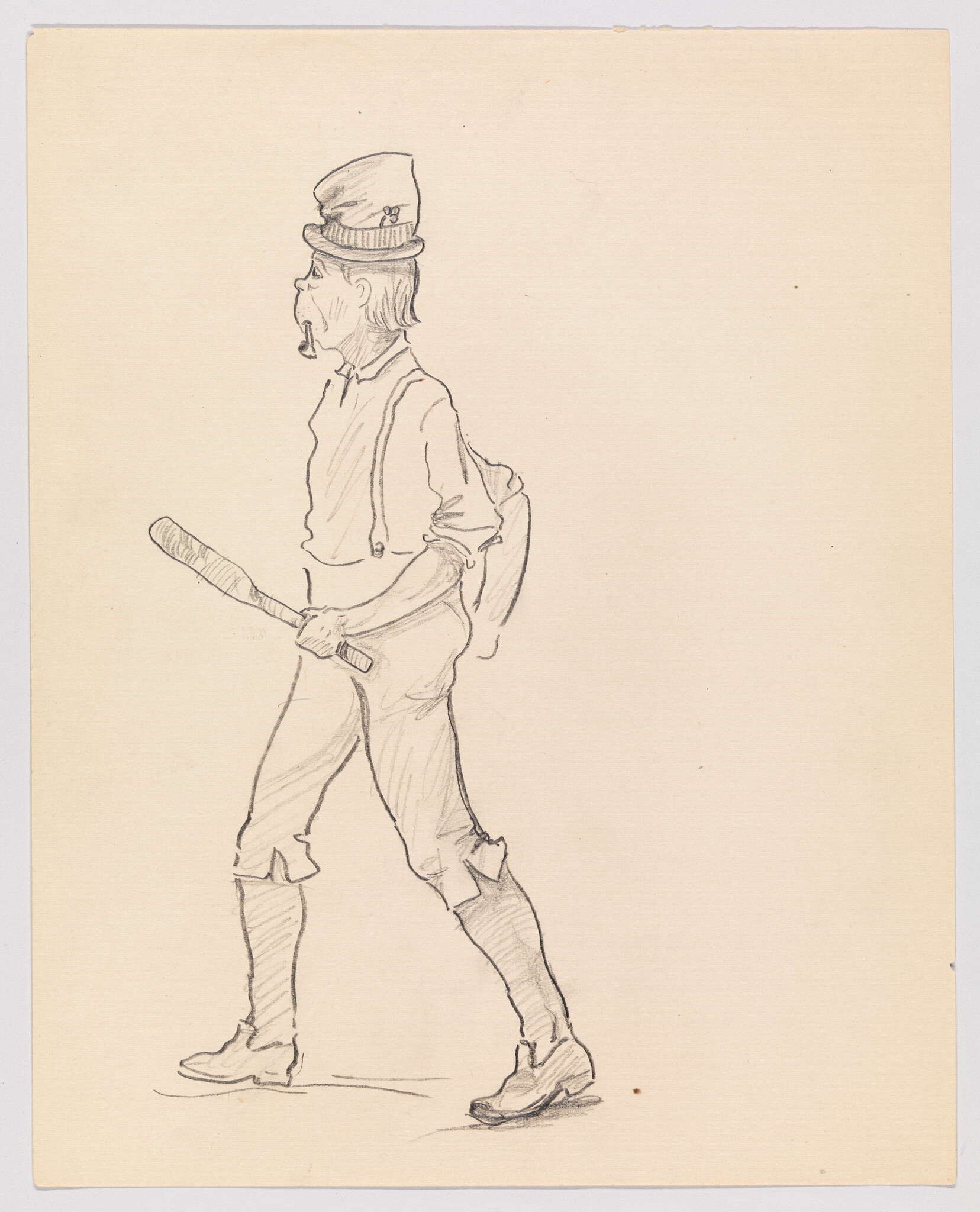 A man in a tall hat walks forward holding a wooden bat and wearing a backpack.