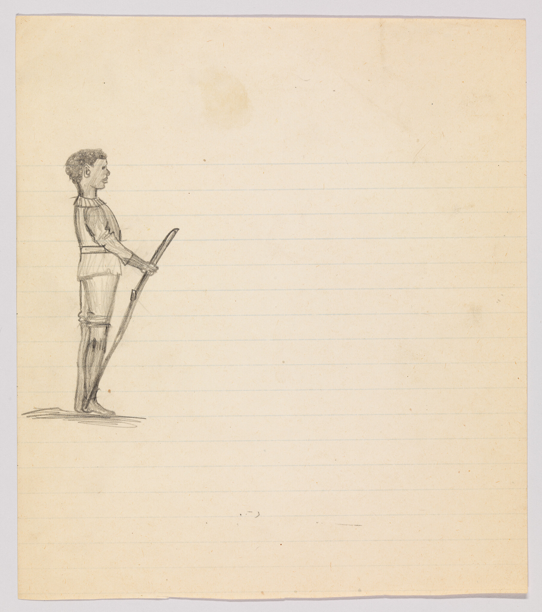 A pencil sketch of a standing young man holding a long stick on lined paper.