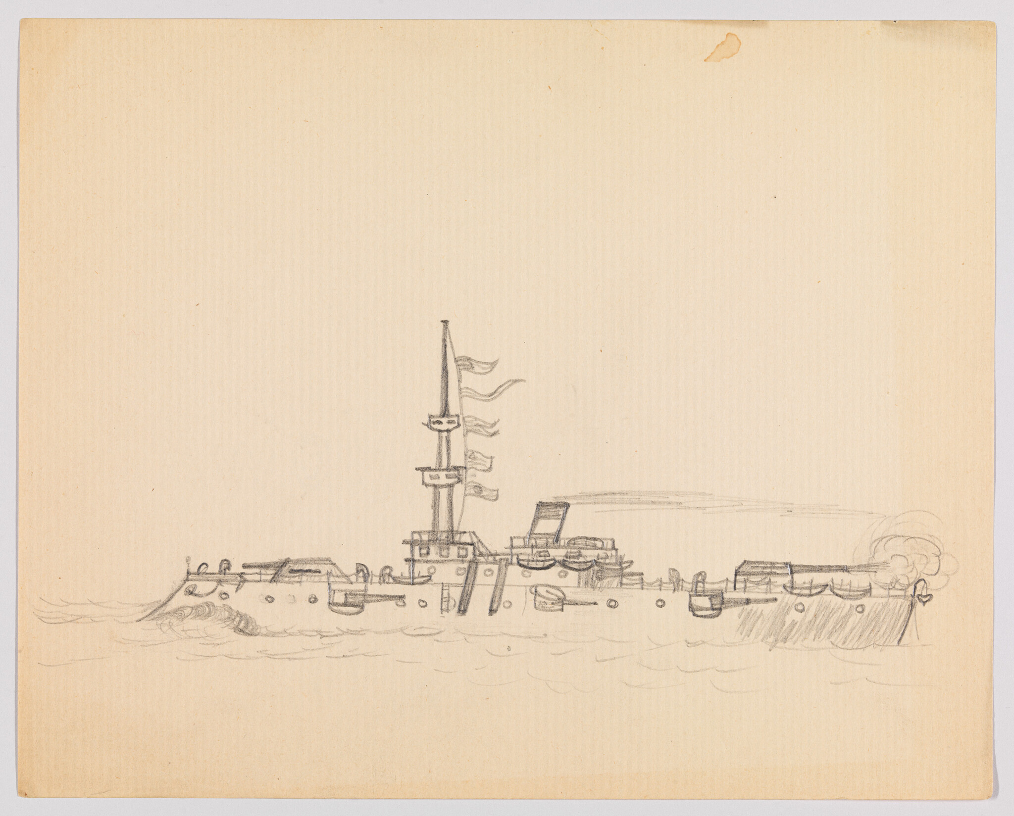 A pencil sketch shows a warship sailing with flags on its mast and light smoke.