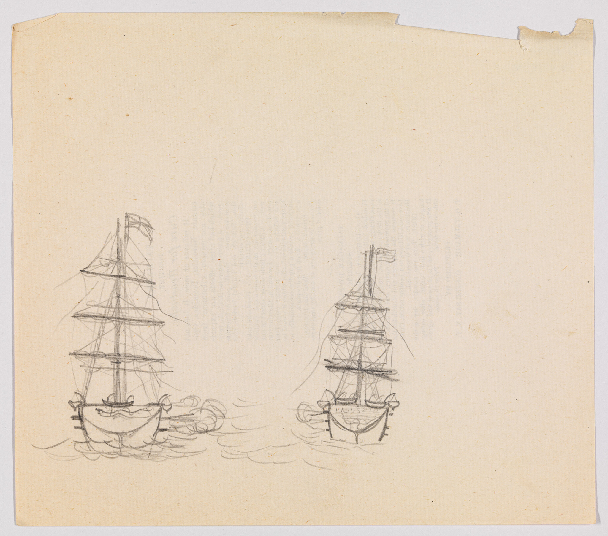 A sketch of two sailing ships on aged paper, with the drawing on the right showing more detail and including a flag at the top of the mast. The ships are depicted with multiple sails and are floating on wavy lines that represent water. The paper has a torn upper right corner and visible creases, indicating wear.