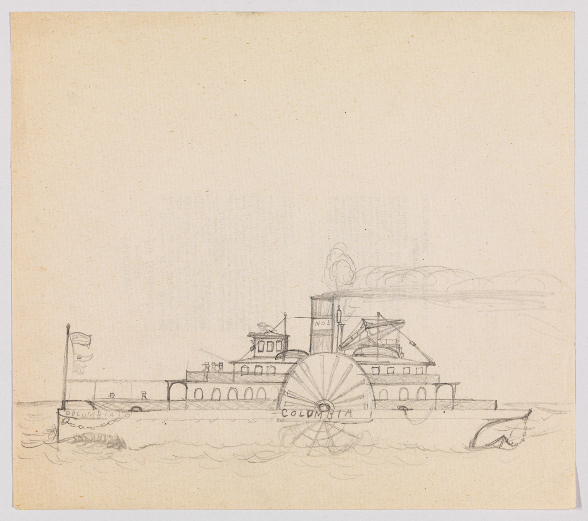 A pencil sketch of the paddlewheel steamboat Columbia moving through water with smoke from its stack.
