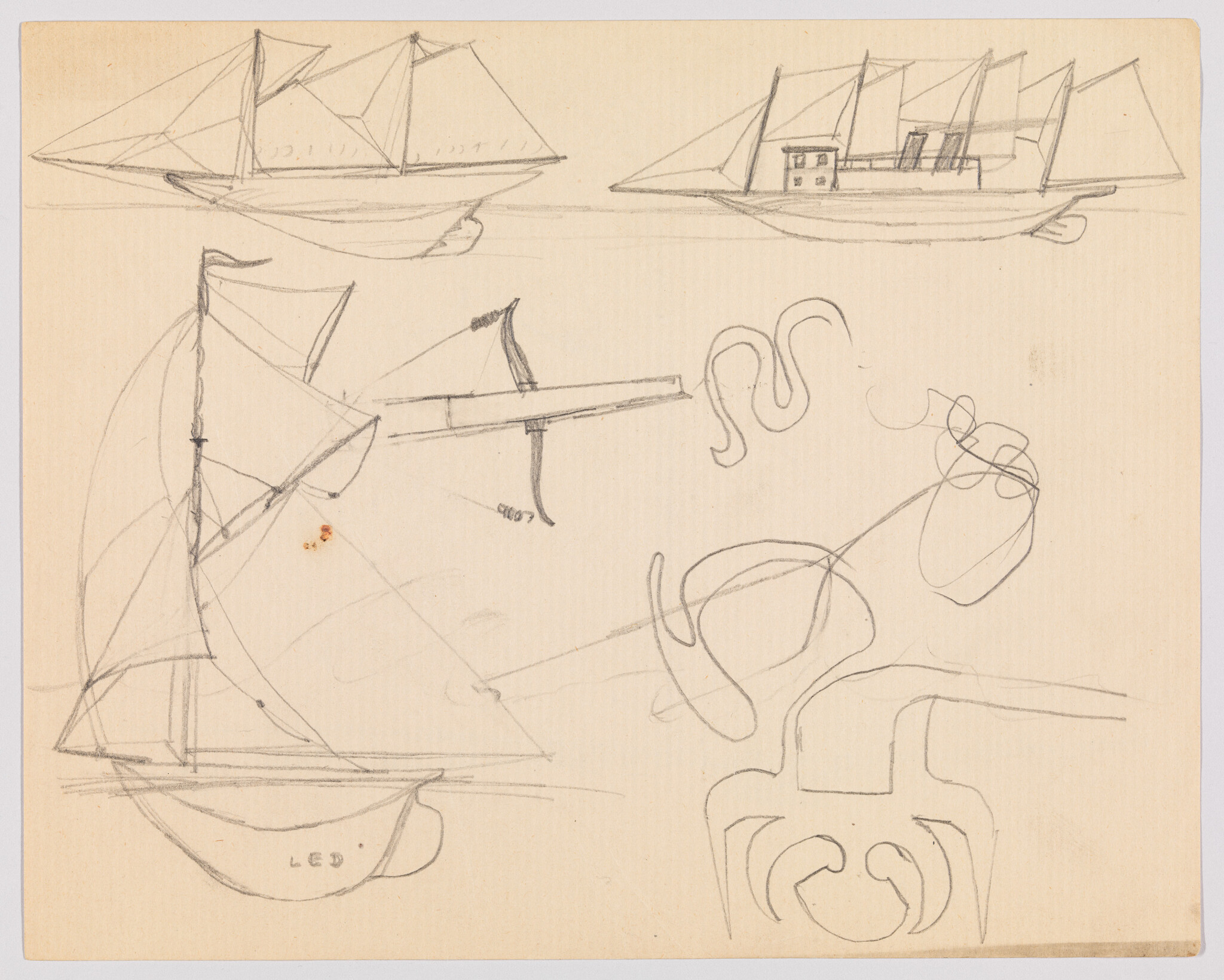 Pencil sketches of several sailing boats and random swirl doodles on cream paper.