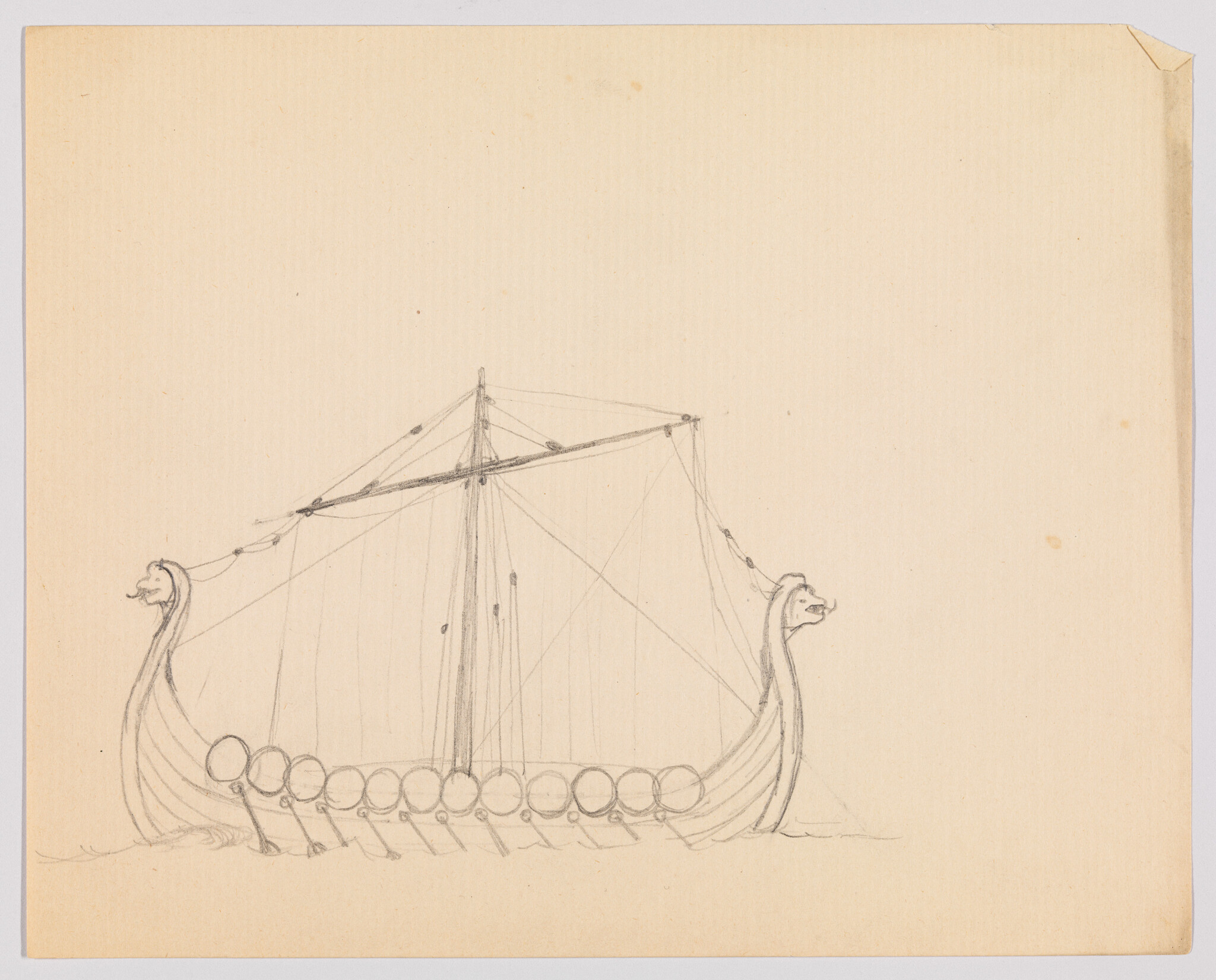 A pencil sketch of a Viking longship with dragon-headed prows, shields and rowing oars.