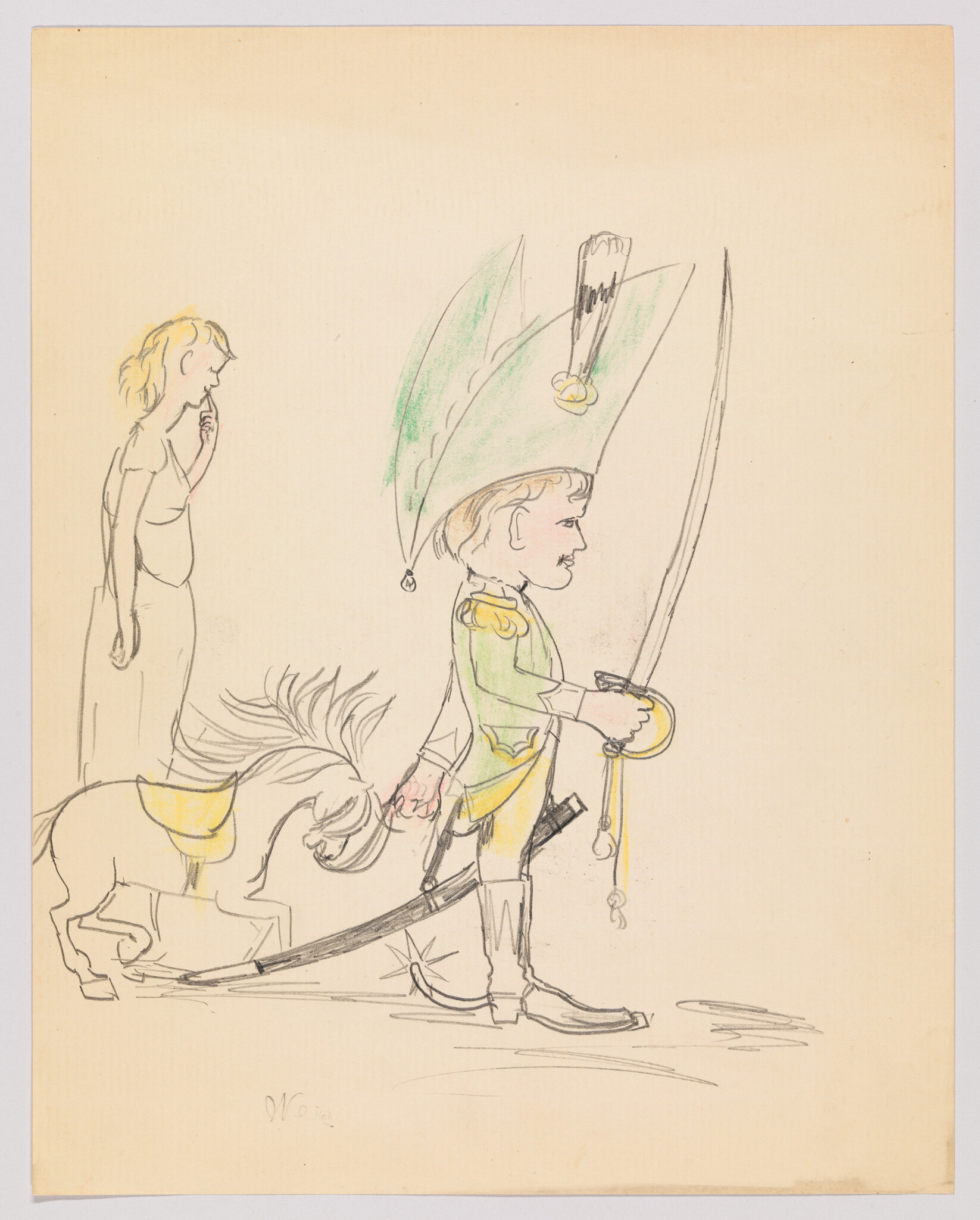 A young boy in a large feathered hat marches forward holding a sword and leading a toy horse.