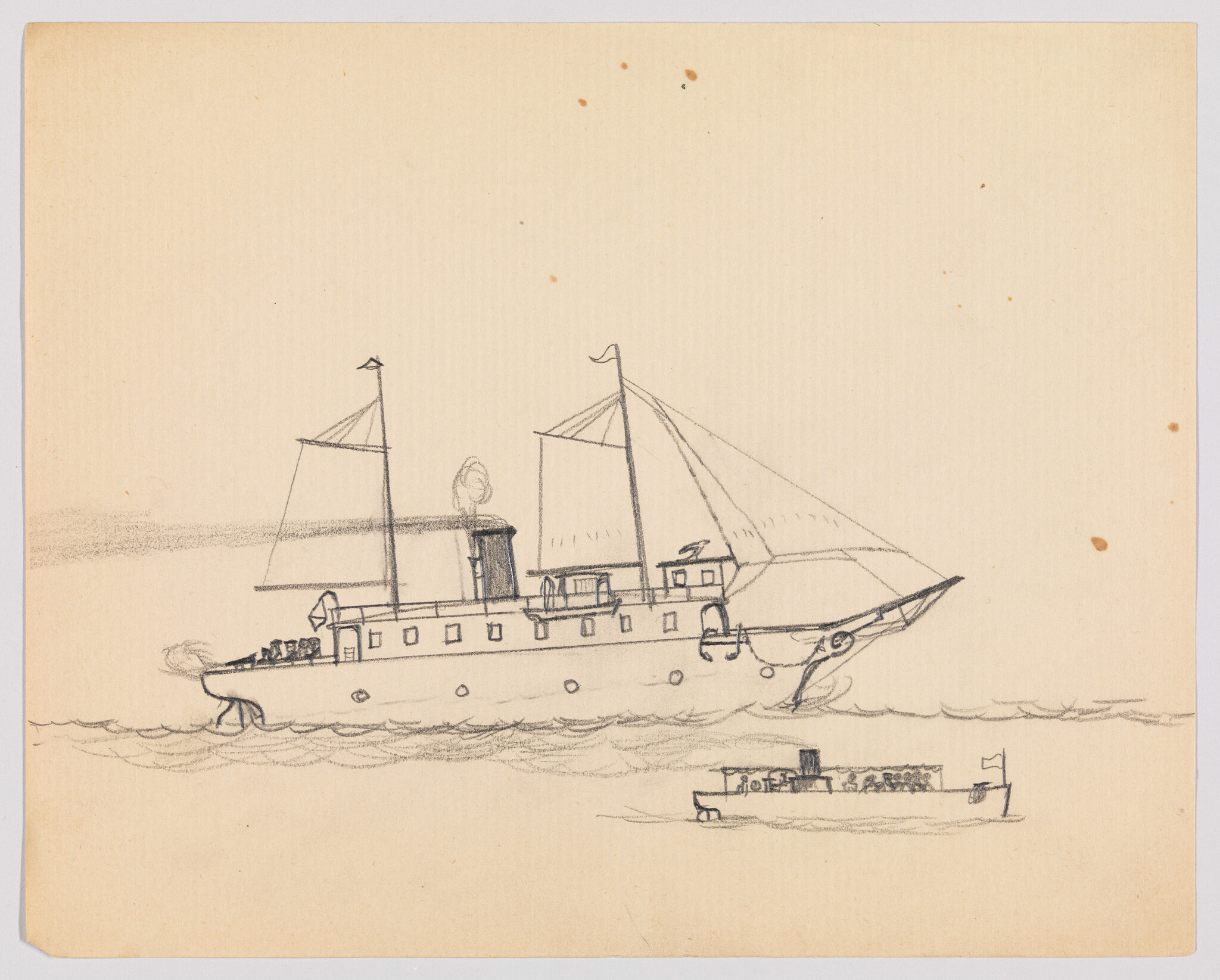 Large steamship with sails and smoke from funnel moves on calm water while smaller boat passes.