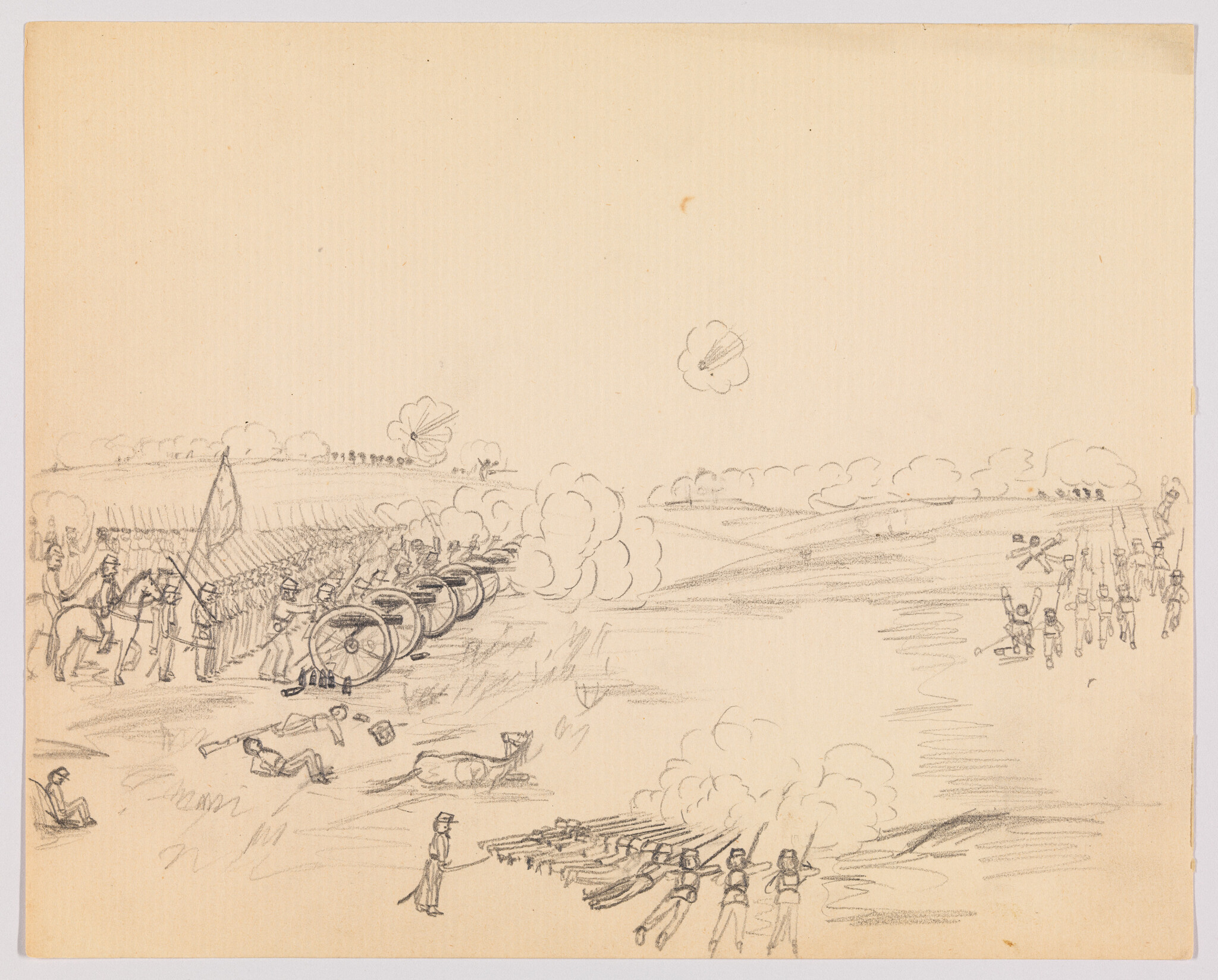 Line of soldiers and cannons firing across a battlefield with fallen men and plumes of smoke.