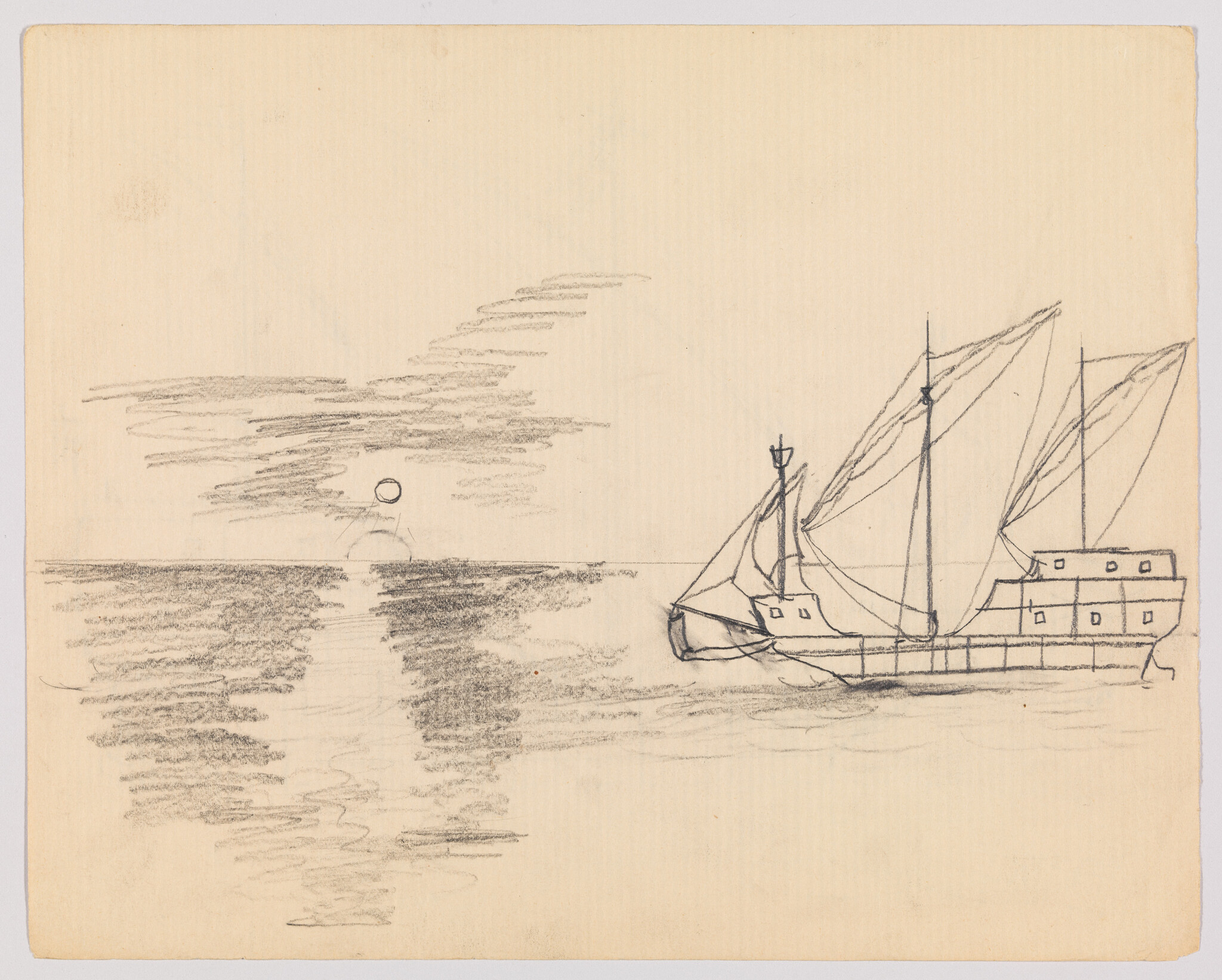 A pencil sketch shows a sailing ship anchored to the right with the sun setting and reflected on calm water.