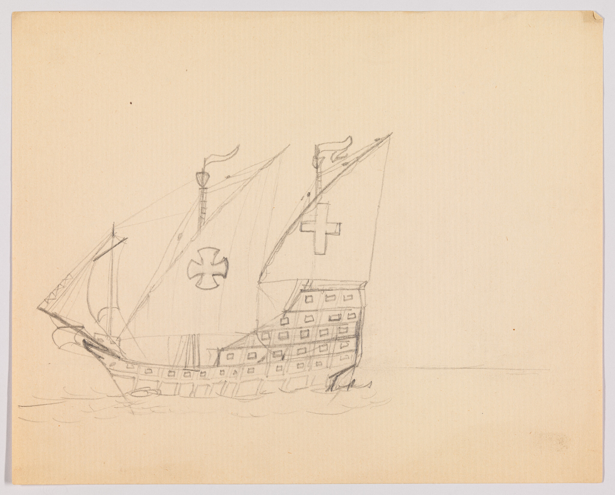 A pencil sketch of a large sailing ship with crosses on its two main sails.