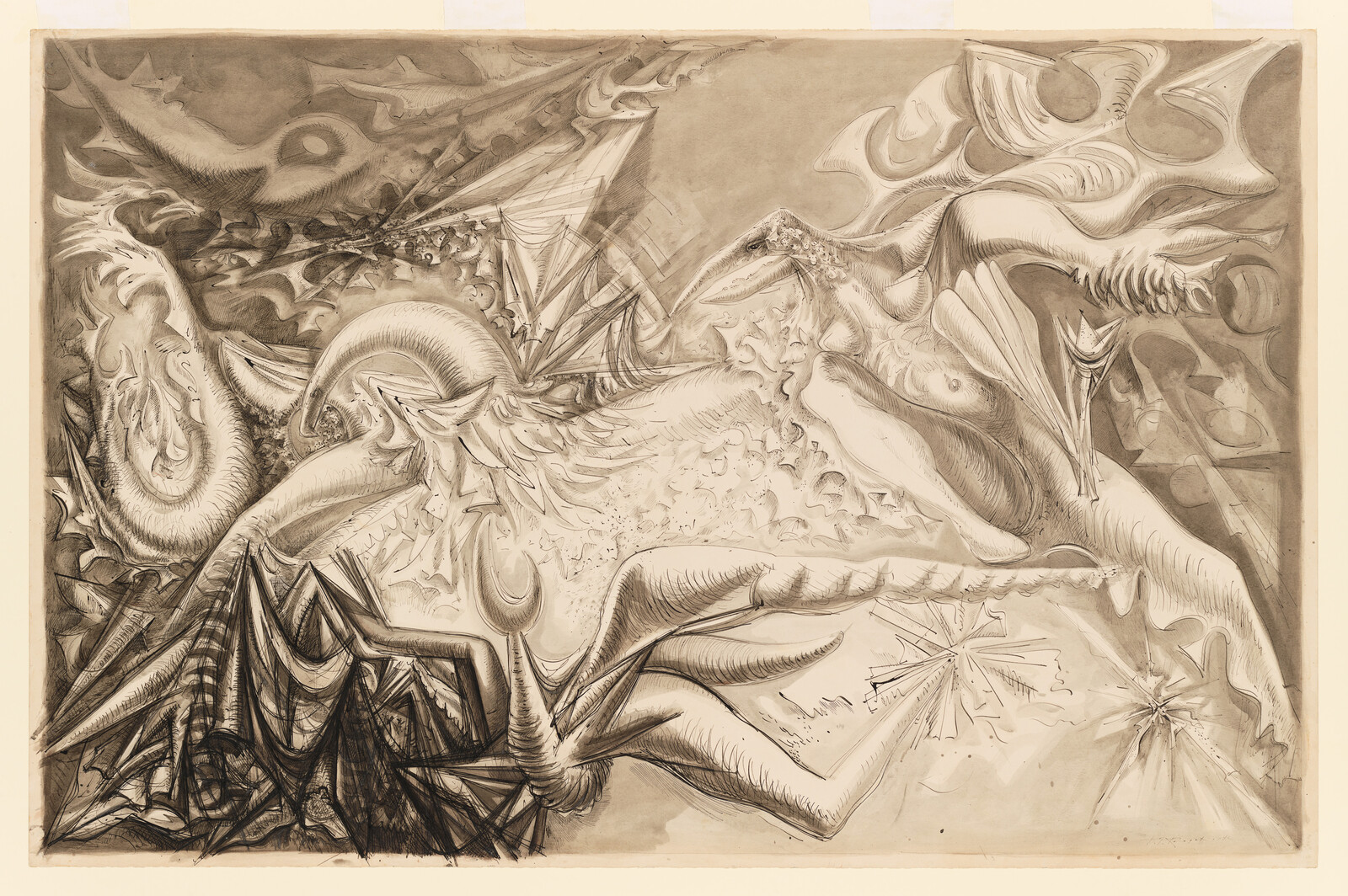 Abstract surreal creature with flowing wing-like forms and sharp triangular shapes across the page.