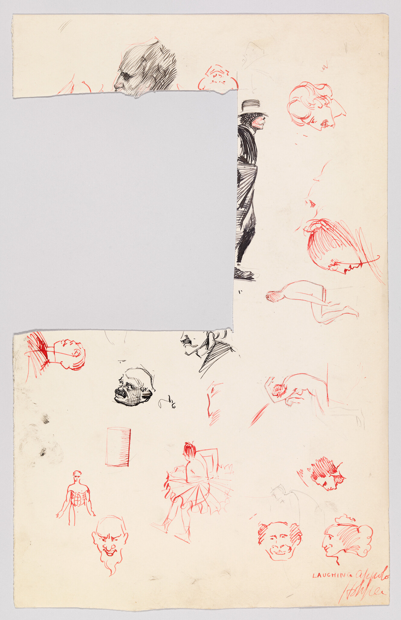 Sketchbook page with small pen and red-ink studies of heads, figures, and a seated dancer.