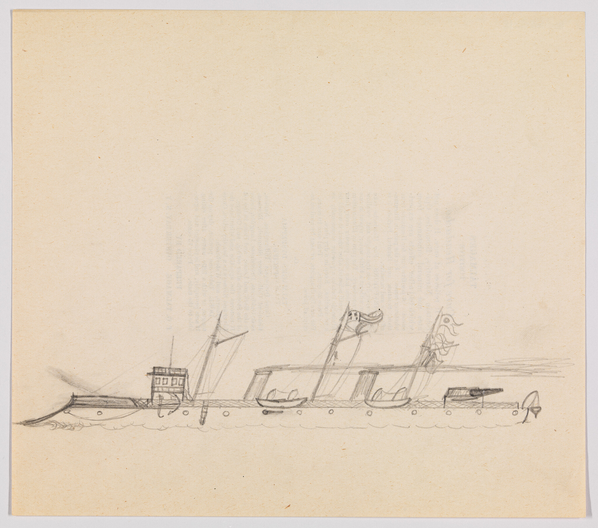 A pencil sketch of a long ship with three masts, flags, and small lifeboats.