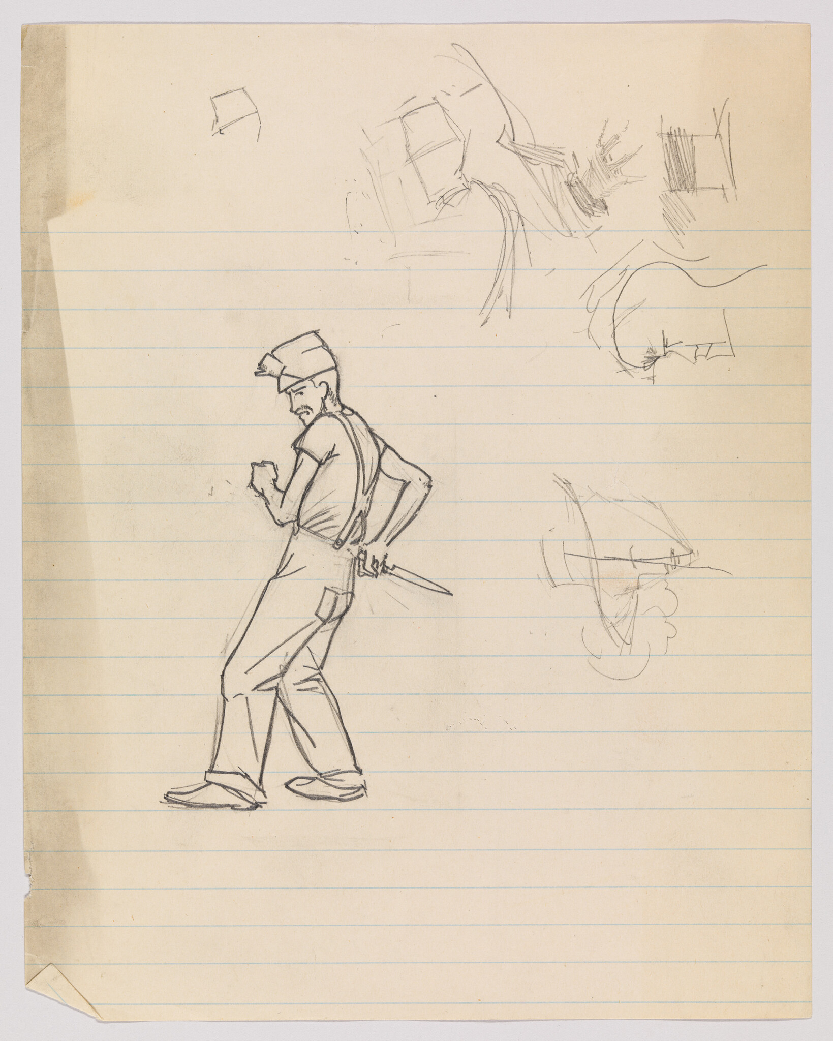 A man in suspenders walks while hiding a knife behind his back on lined paper.