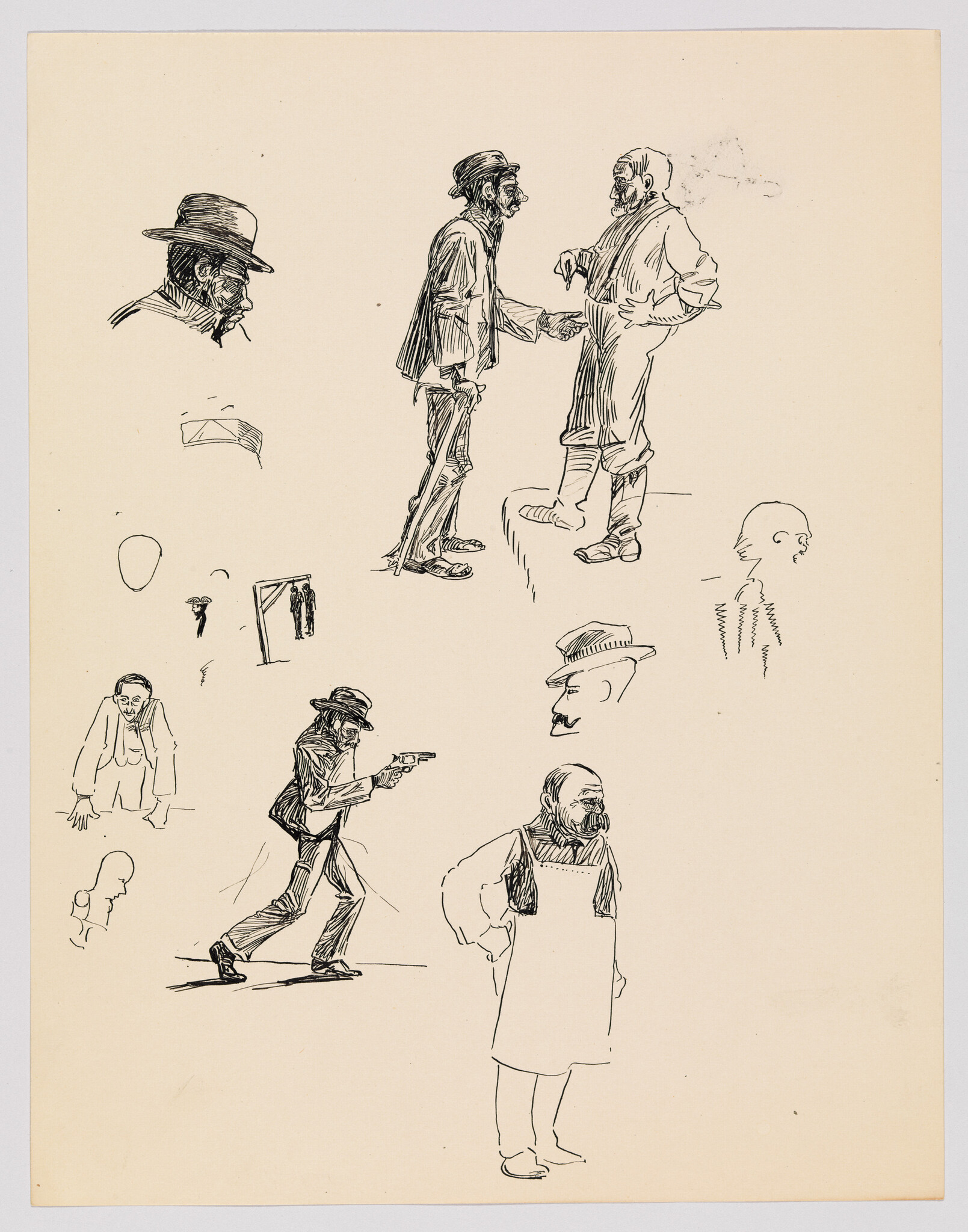 A collection of ink sketches on a beige paper featuring various characters and scenes. The central sketch shows two men shaking hands, one with a beard and a bowler hat, the other with a mustache and wearing a coat. Surrounding this are smaller sketches: a profile of a man with a hat and beard, a man in a coat holding a gun, a figure in a long coat and hat, a man's head with a cap, and a few abstract shapes and lines. The style is loose and expressive, suggesting these are quick studies or character designs.