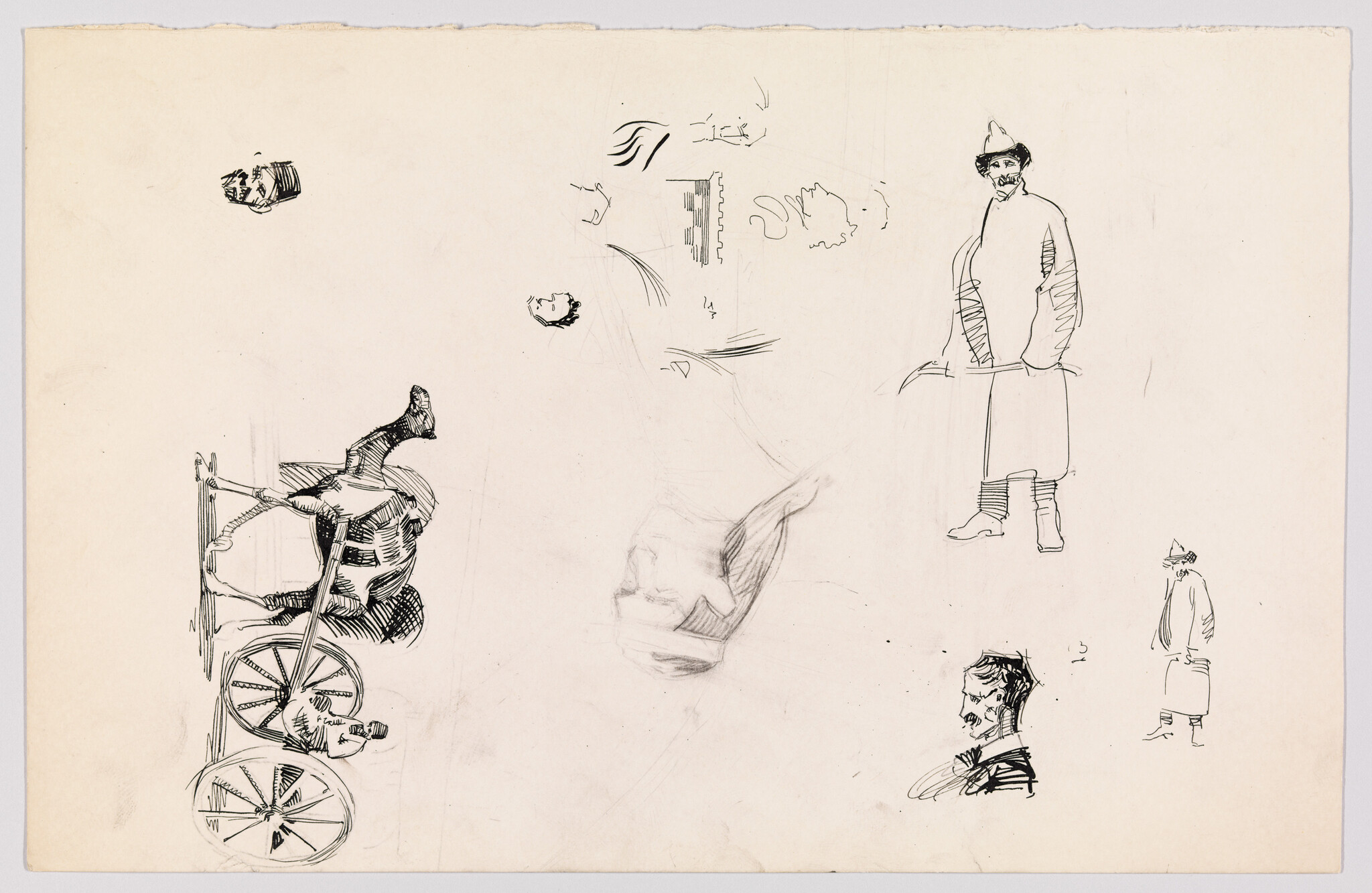 Several quick ink sketches showing men and a fallen cart on a blank sheet of paper.