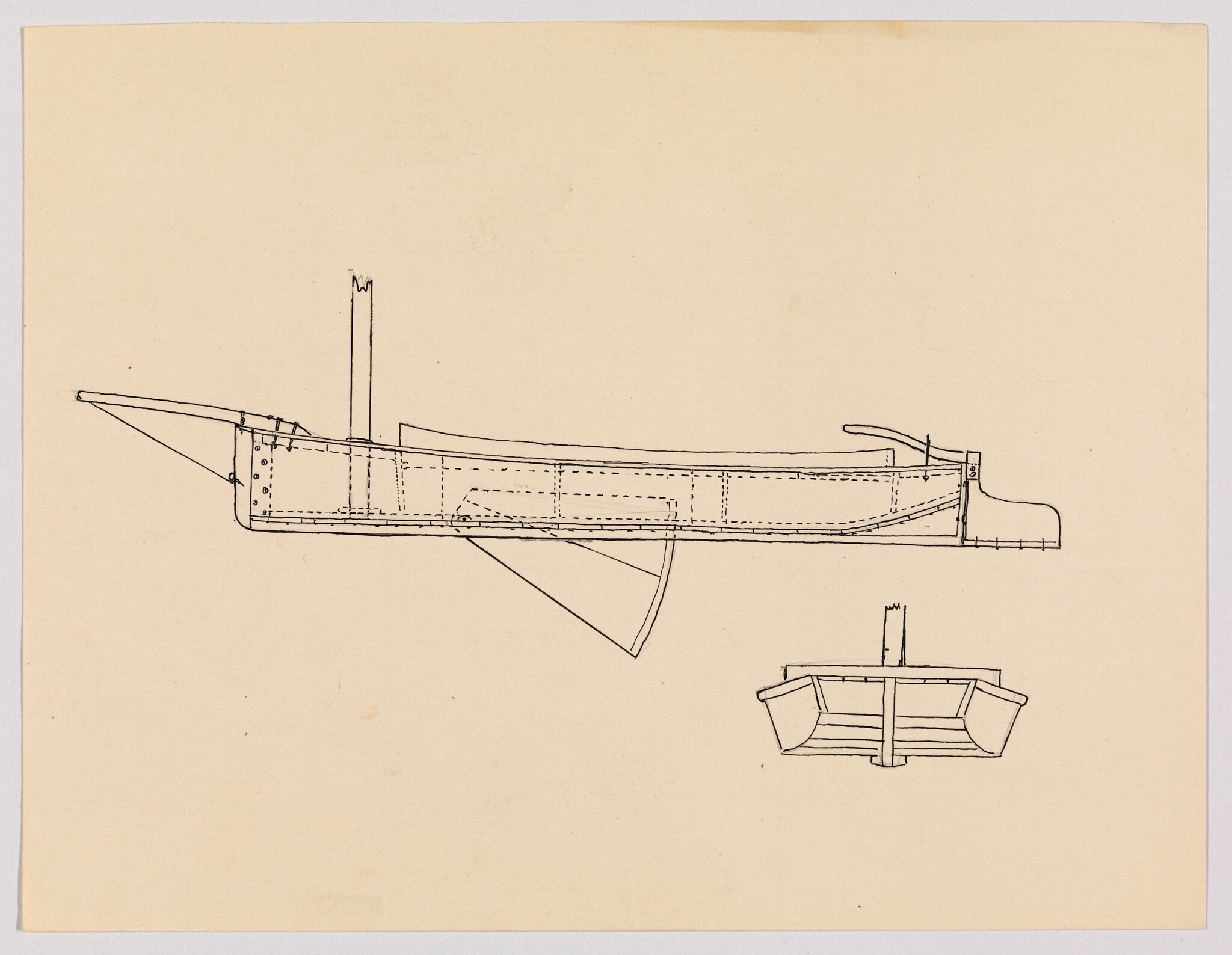 Technical drawing of a submarine on a beige background, featuring a side view and a cross-sectional view from the front, with detailed outlines and internal compartments.