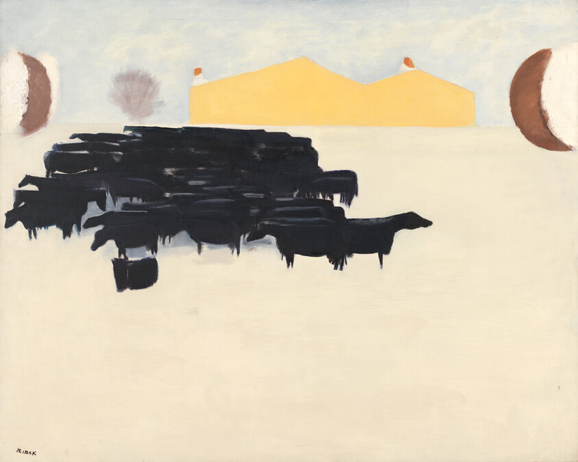 A herd of dark, abstract cattle clustered on a pale field with a yellow building behind.