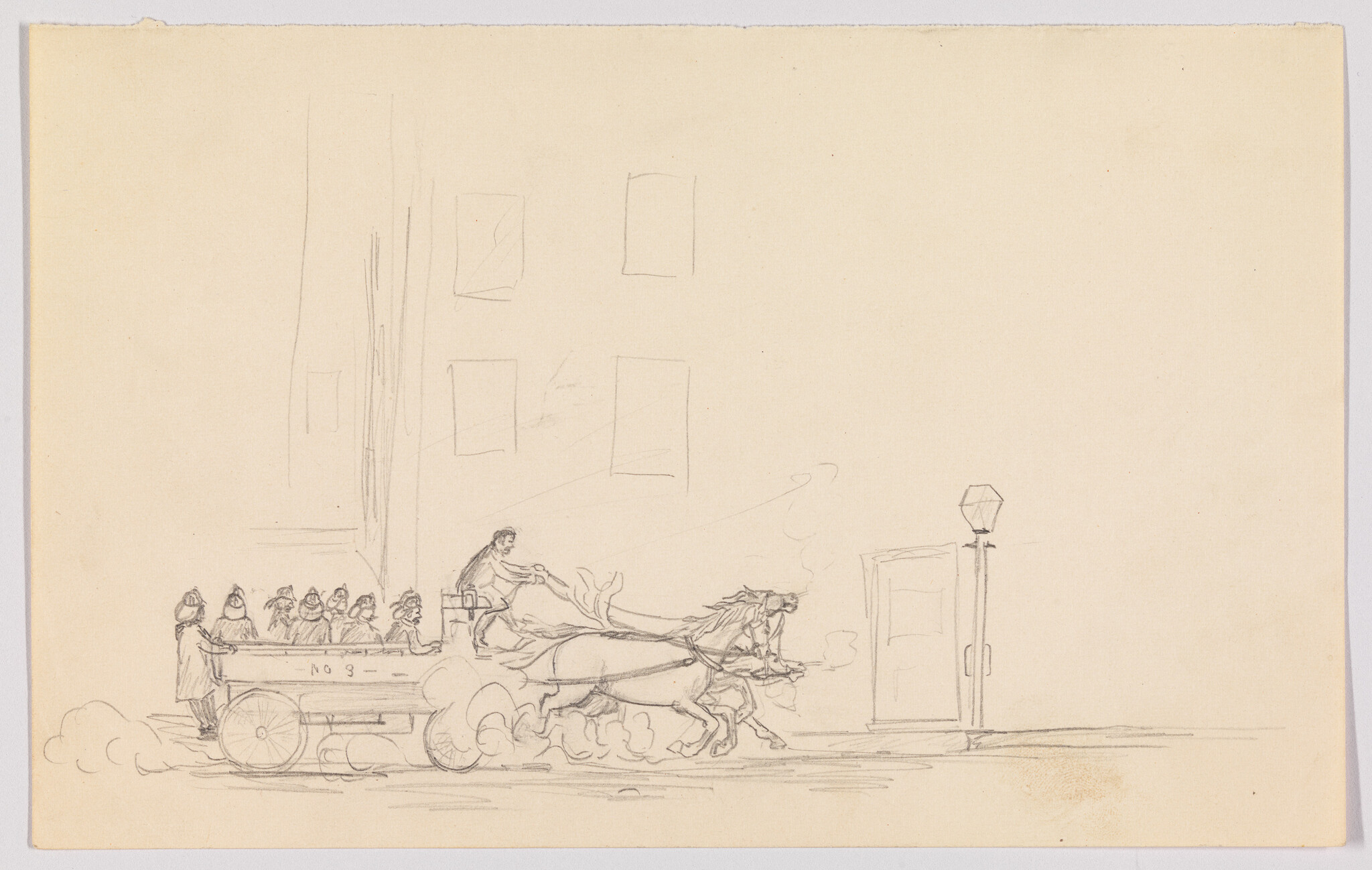 Horse-drawn cart speeds forward as driver urges the horses while passengers hold on.