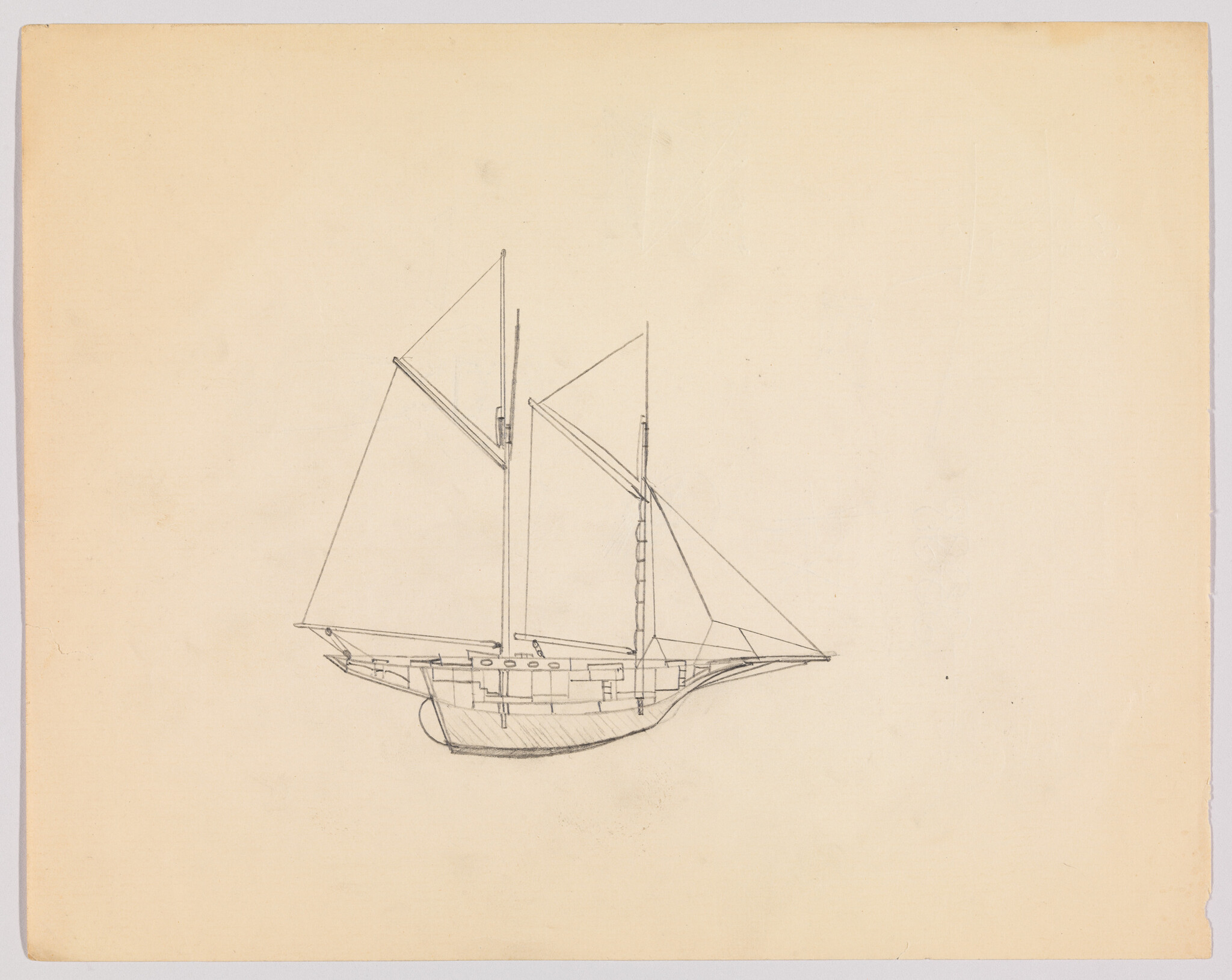 Pencil sketch of a two-masted sailing ship with detailed hull and rigging on blank paper.