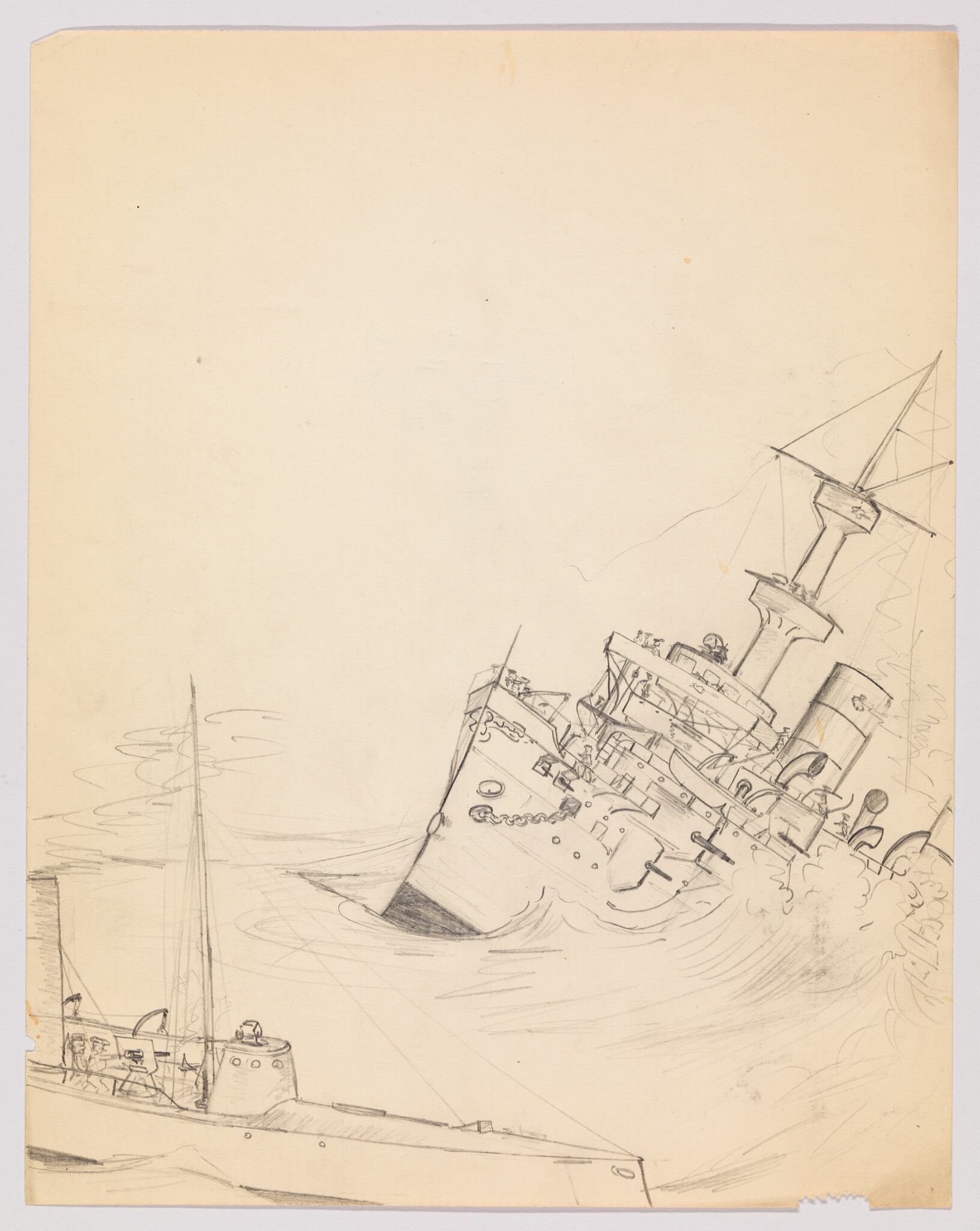 Sketch of two ships on a piece of aged paper, with the larger ship in the foreground appearing to be a warship with visible cannons, and the smaller one in the background resembling a sailboat or a fishing vessel. The drawing is detailed, showing waves around the ships, suggesting movement through water.