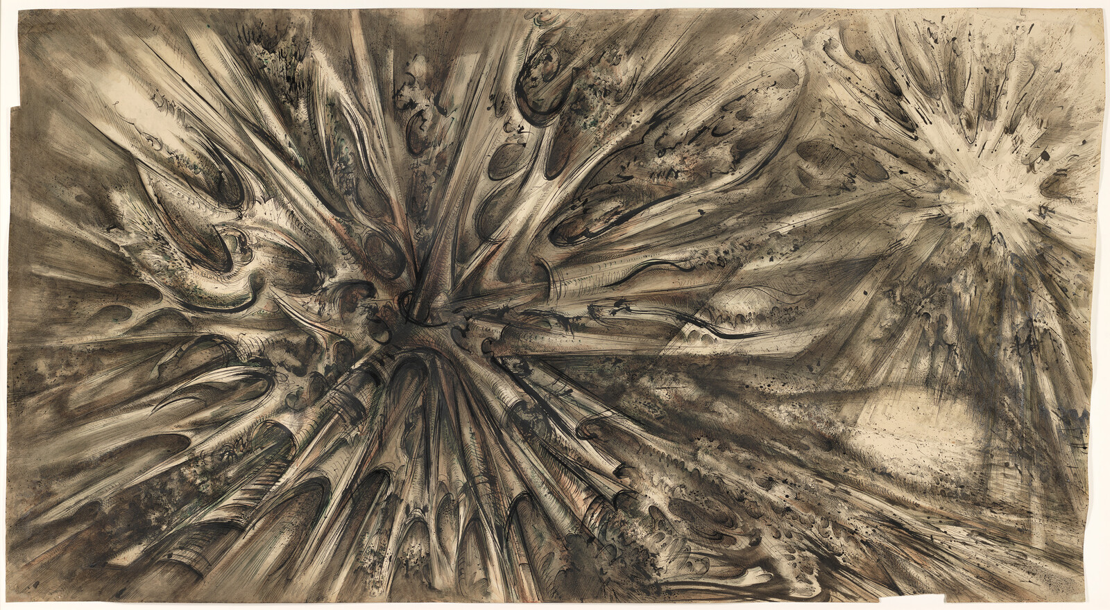 Dark ink drawing showing a central burst of sweeping, radiating organic shapes and textured strokes.