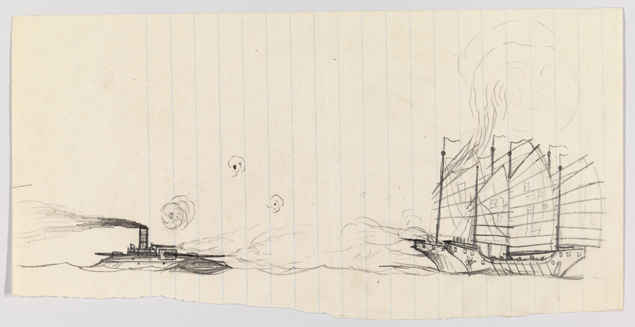 A pencil sketch shows a steamship firing shells at a large sailing junk amid smoke.