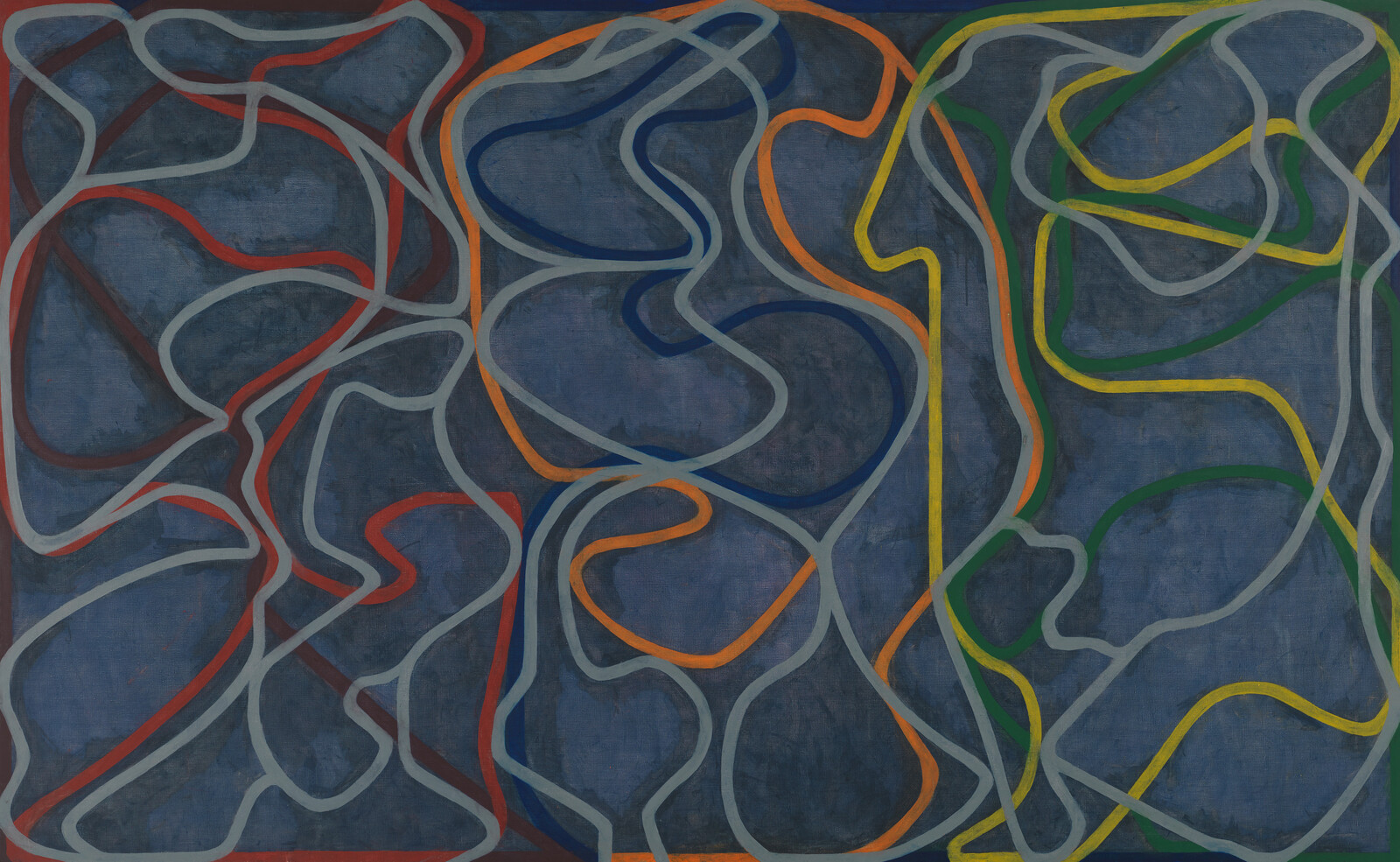 Curving multicolored lines weave and overlap across a deep blue background.