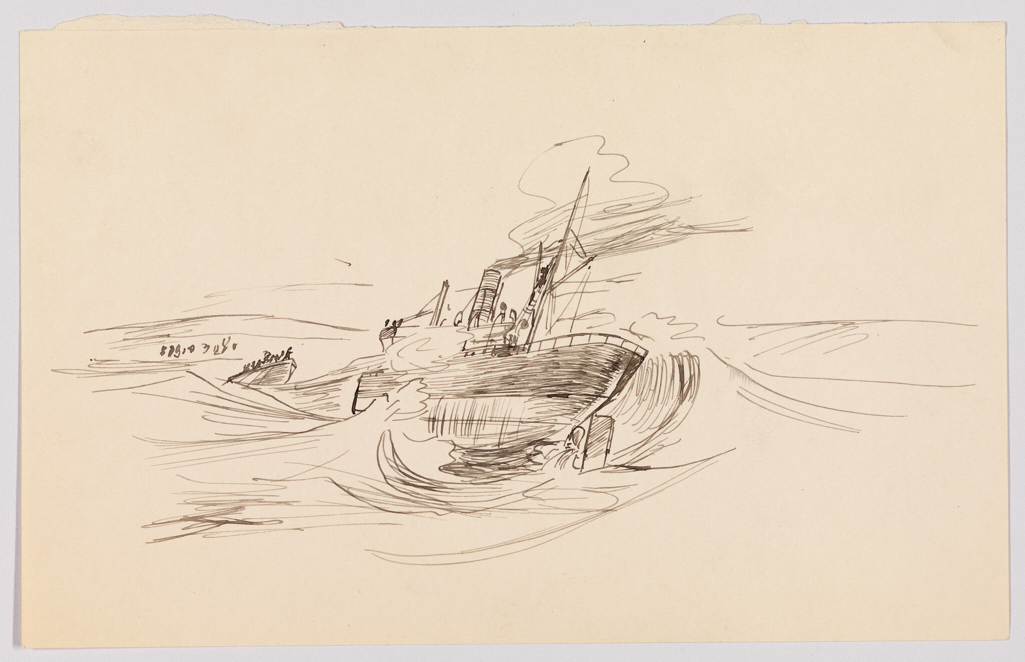 A pen sketch of a steamship pitching through large waves with figures on deck.
