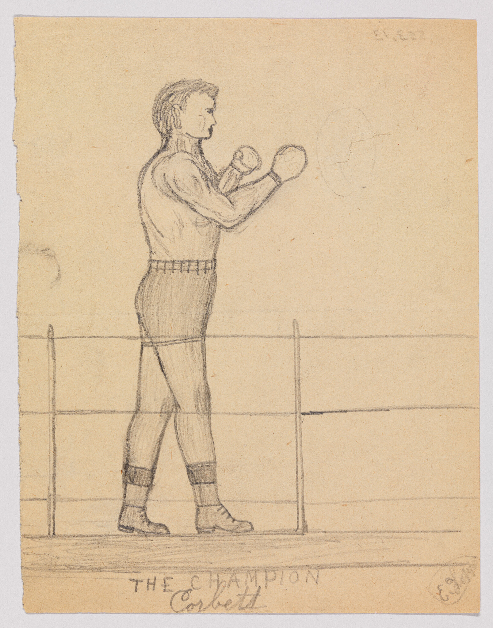 A boxer titled "The Champion Corbett" stands in a ring with his fists raised.