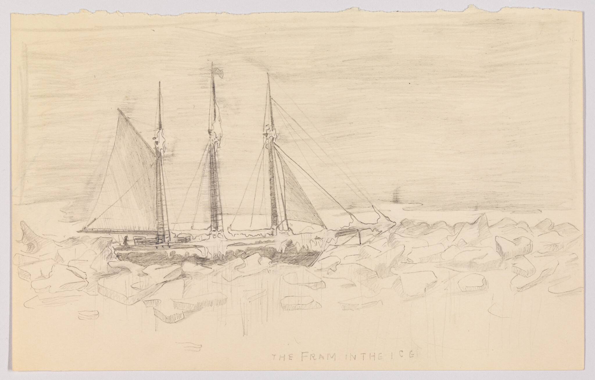 A three-masted ship named Fram trapped in sea ice amid scattered ice floes.