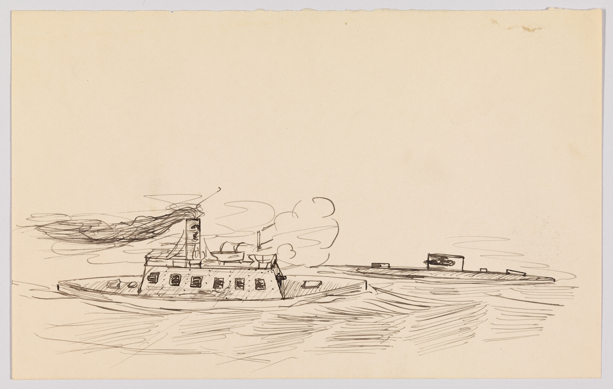 A small steamboat emitting smoke passes another low-profile vessel on calm water.