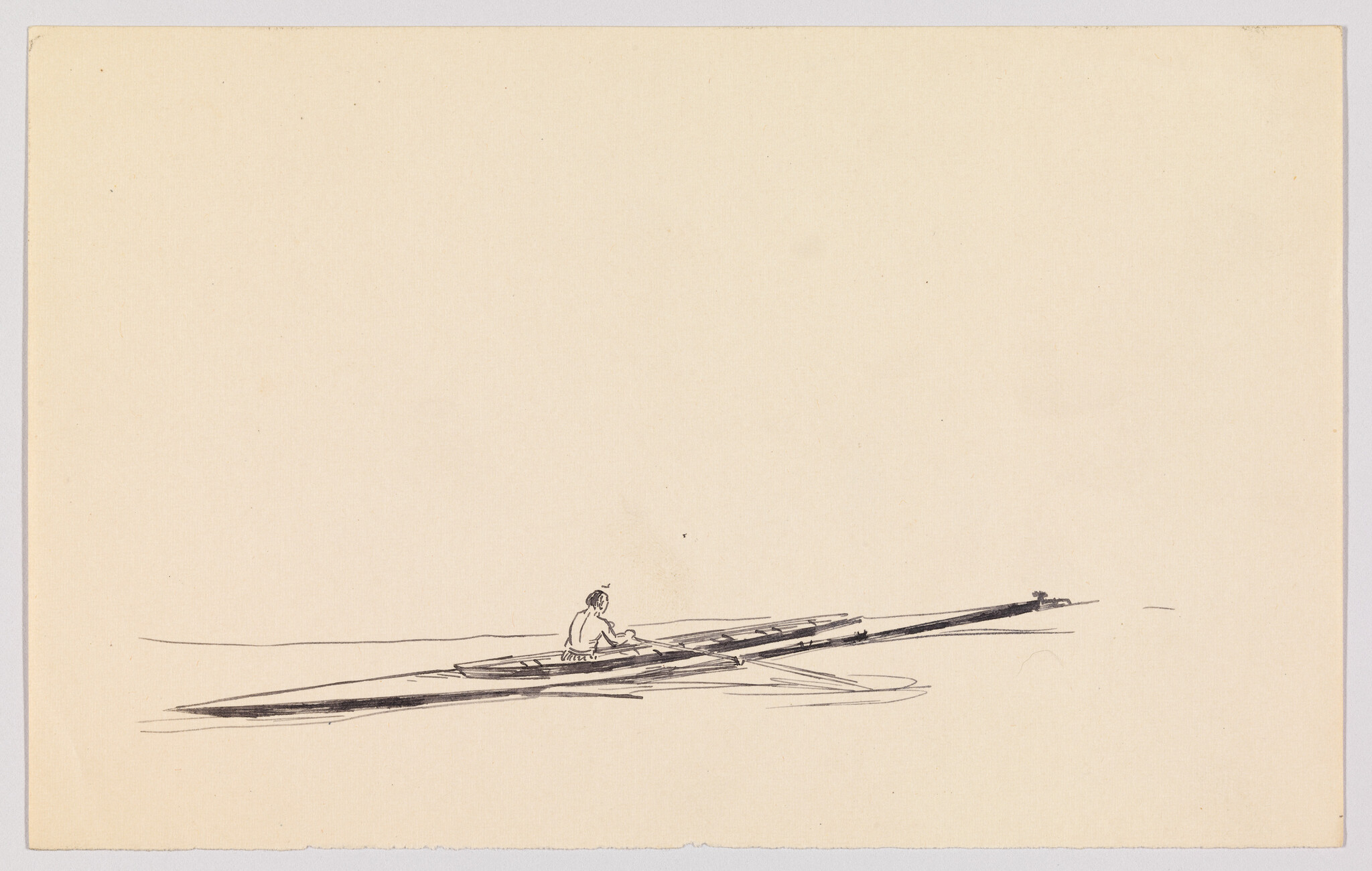 A lone rower paddles a long, narrow scull across calm water near the page bottom.