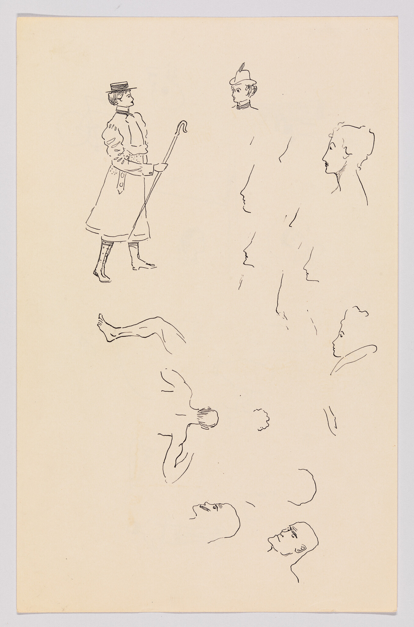 Various quick ink sketches showing a woman with a cane and several head and body studies.