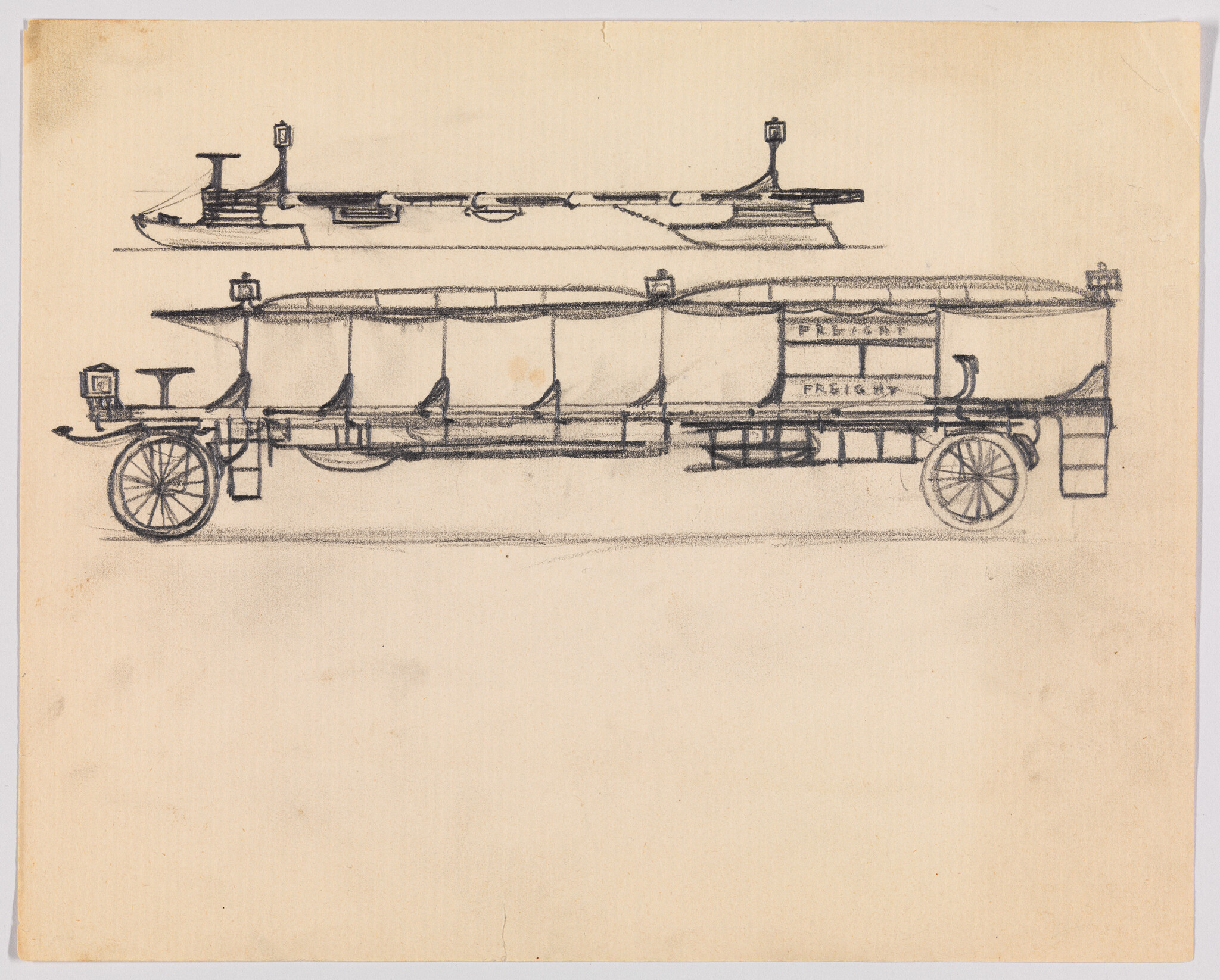 A vintage pencil sketch of a side and top view of a horse-drawn freight wagon on aged paper. The wagon is covered with a tarp and labeled "FREIGHT."
