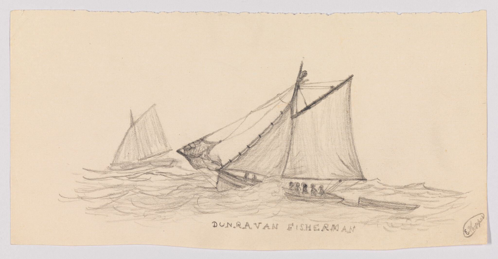 Two small sailboats with fishermen on choppy water labeled "Dunravan Fisherman."