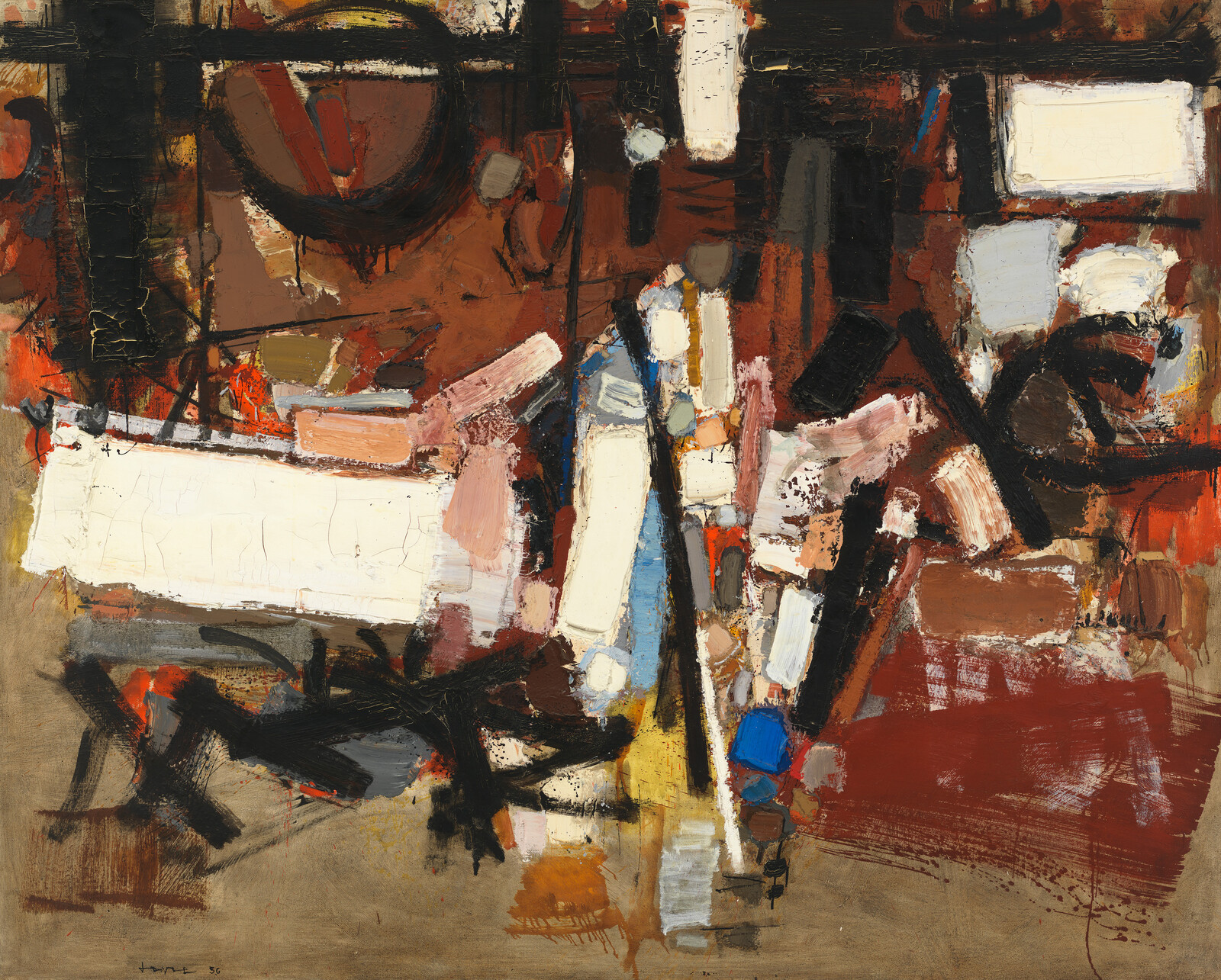 Abstract painting with bold brown, red, and white shapes layered with thick, textured brushstrokes.