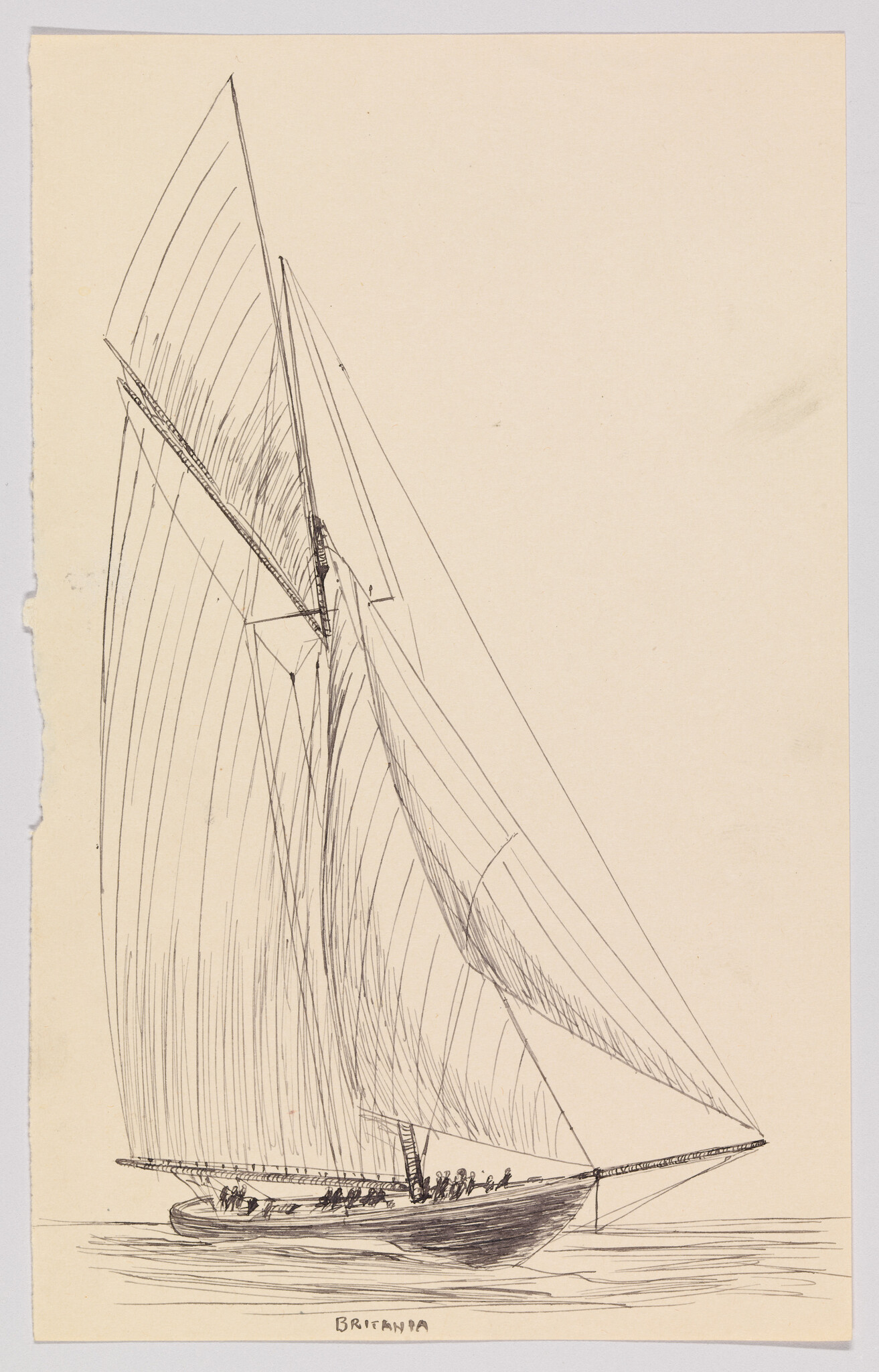 A sketch of a sailing yacht with a large, angled mainsail and a jib, cutting through water. The drawing is detailed, showing the lines of the sails and the hull, with several small figures visible on the deck. The artist's signature is at the bottom right corner. The paper appears aged with a torn left edge.