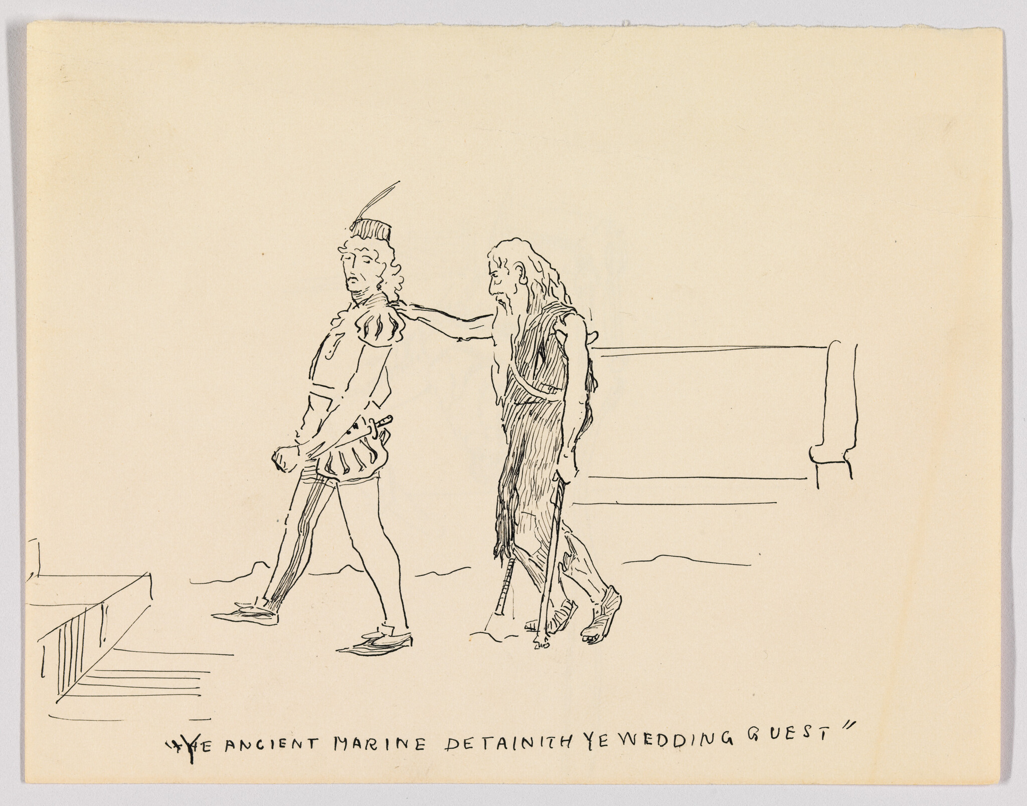 An elderly bearded man in rags steadies and guides a young costumed man by the shoulder.