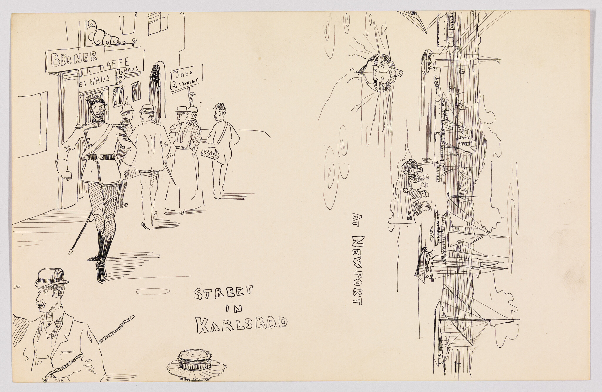 A uniformed soldier strides down a Karlsbad street while onlookers converse nearby.