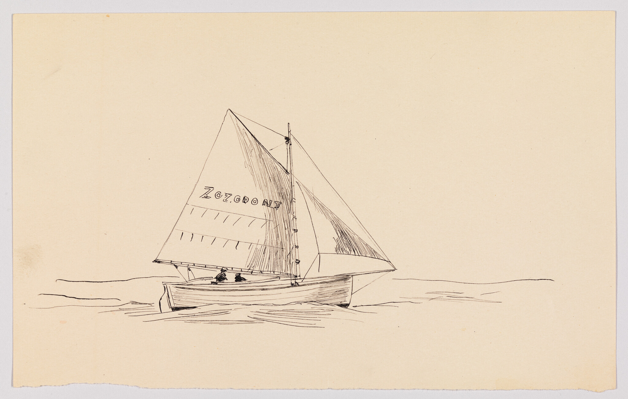 A small sailboat with two people sails on calm water with its main sail raised.