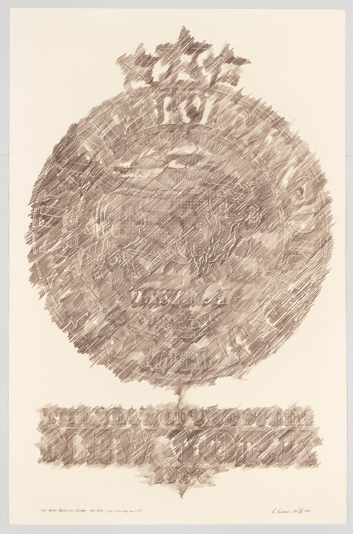 A large pencil rubbing of an ornate circular seal with the words New York at the bottom.