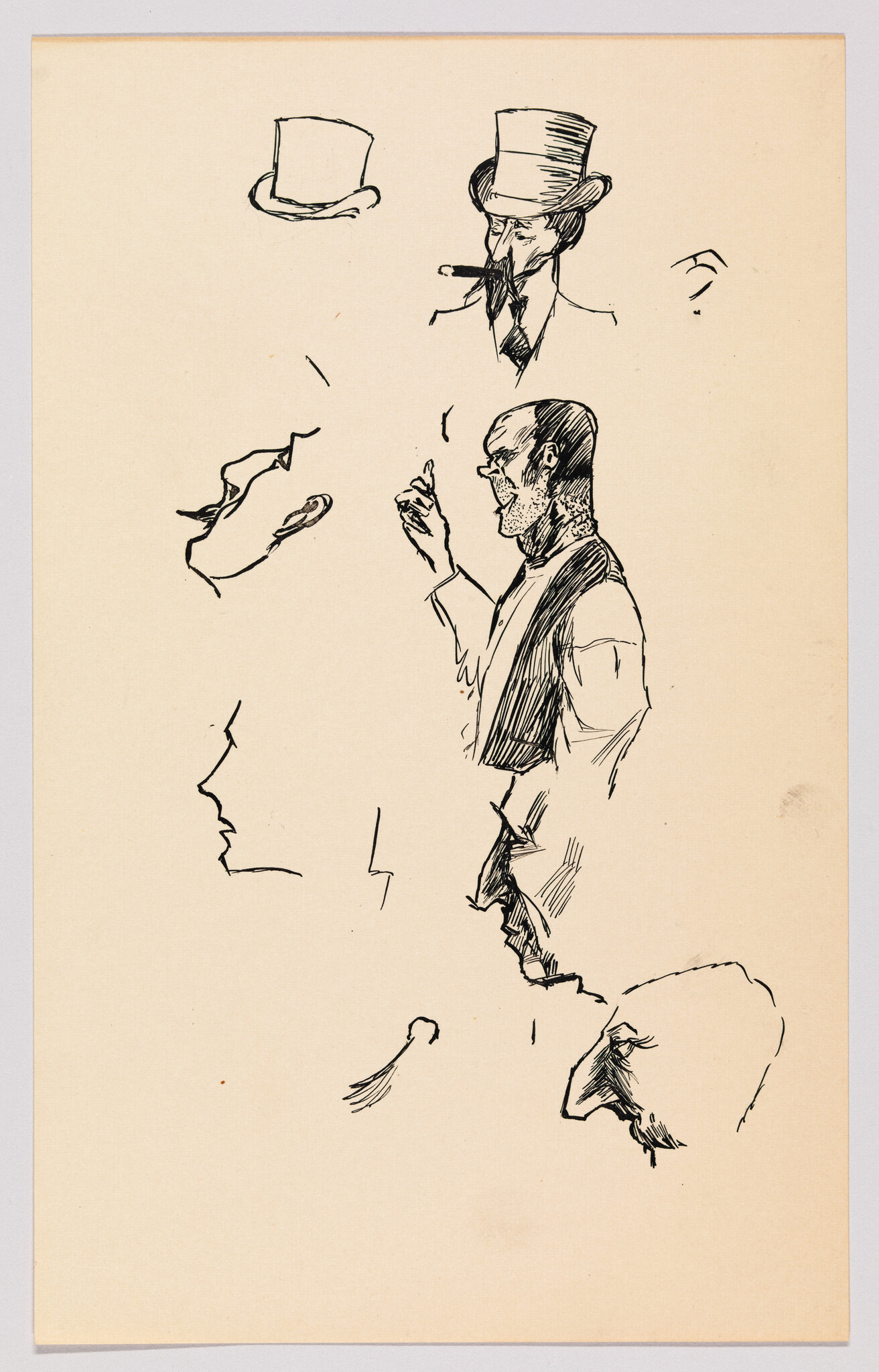 Several ink sketches showing men in profile and a standing man gesturing with his hand.