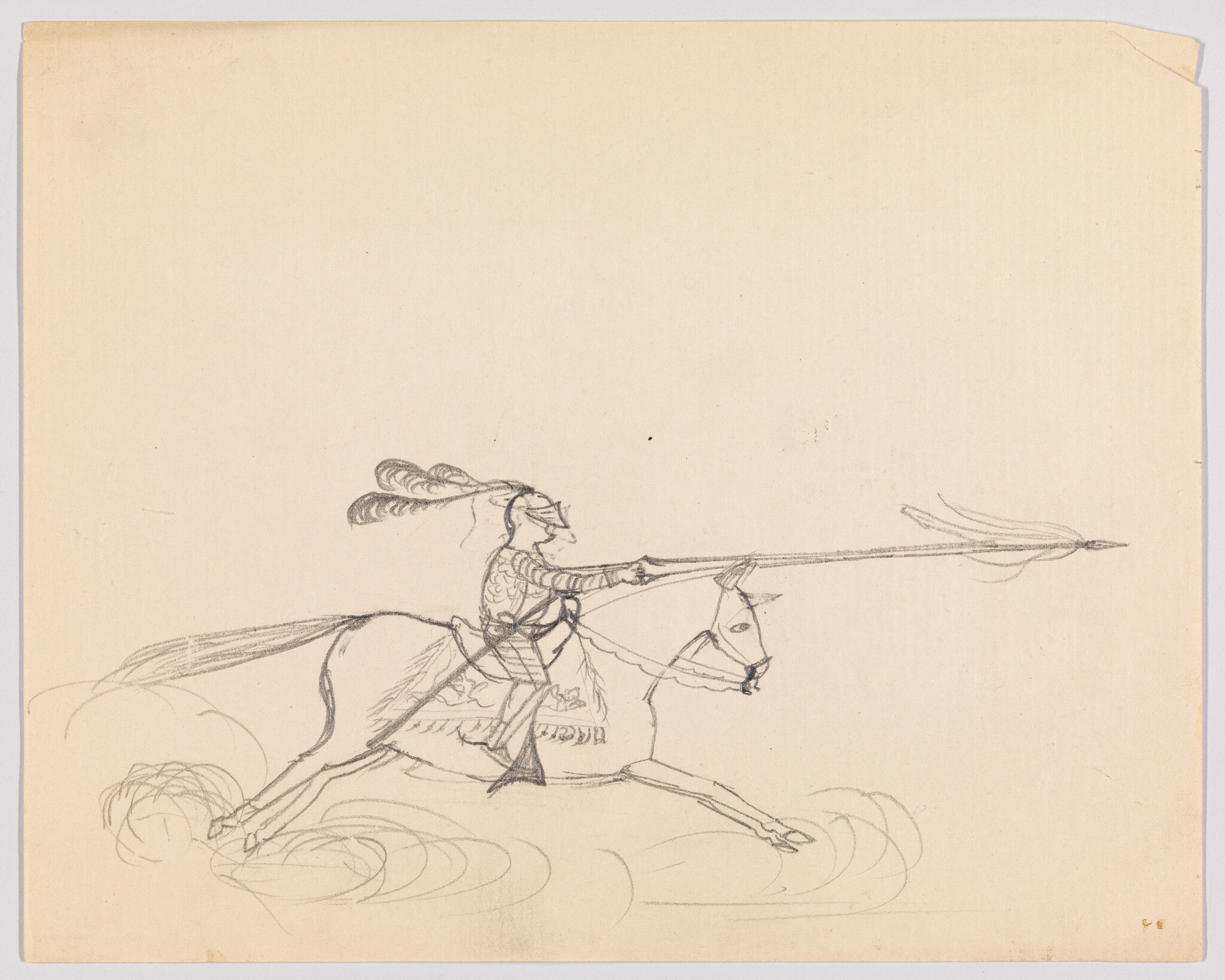 A mounted knight in armor charges on a galloping horse while aiming a long lance forward.