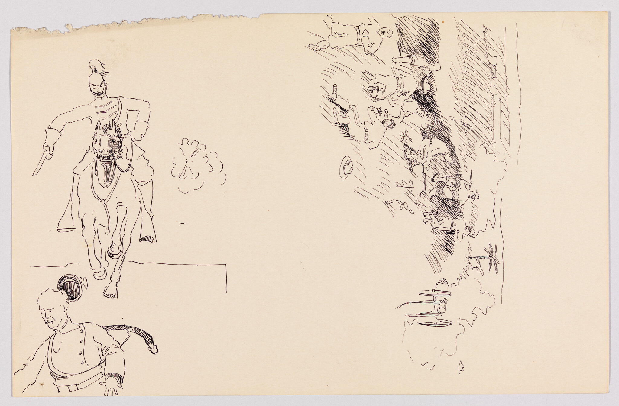 A charging horseman with raised pistol on the left and a small crowd sketch on the right.