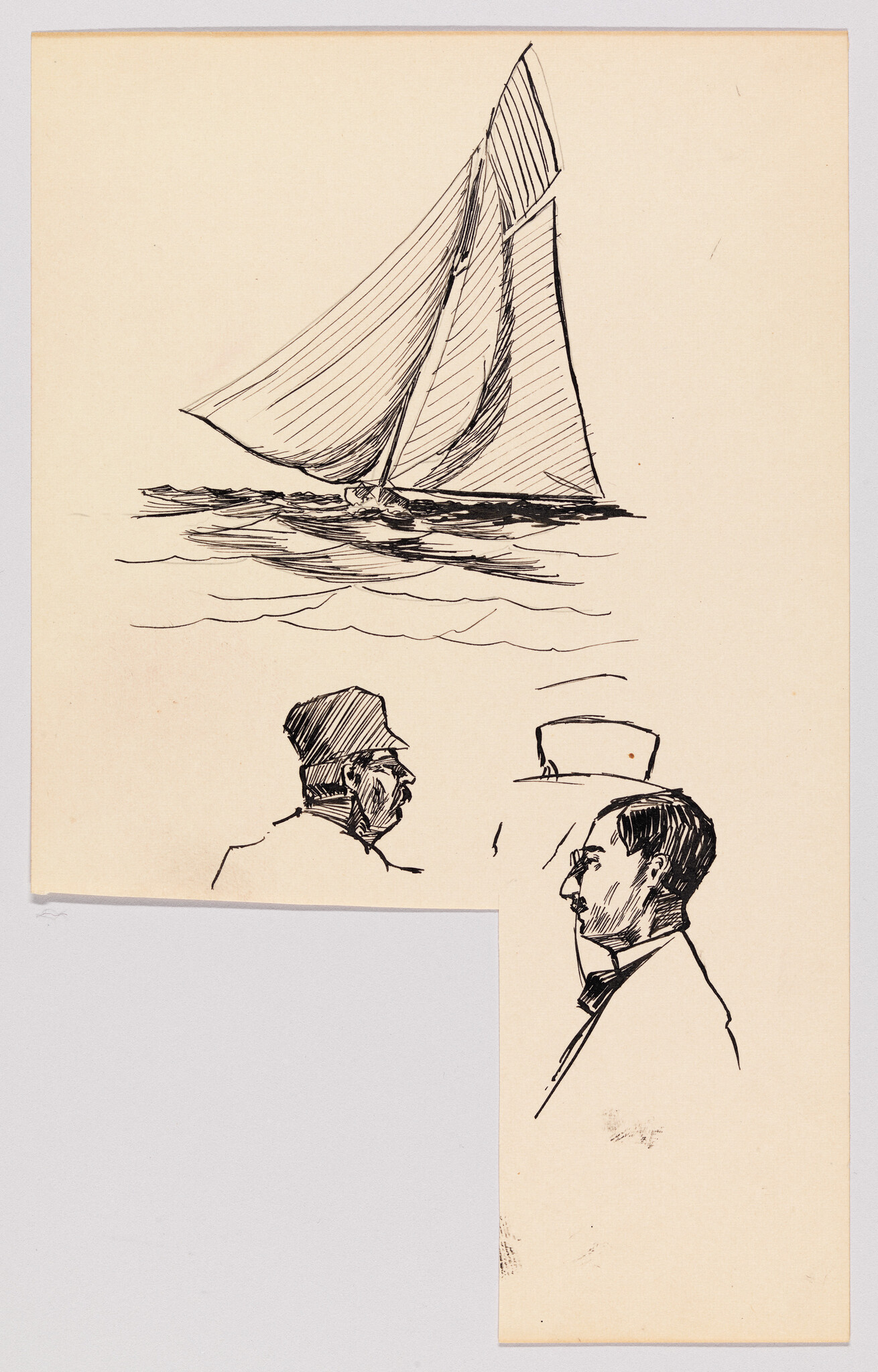 A sailboat with full sails on the water above three sketched men's profile portraits.