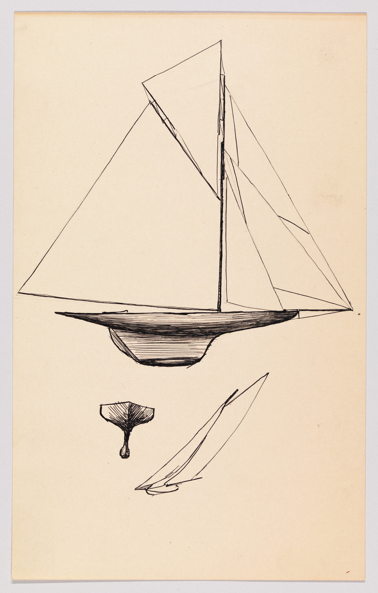 A hand-drawn sketch of a sailboat on a beige paper background. The boat is depicted with a simple hull and two large triangular sails, with a few lines indicating rigging. Below the main drawing, there are two smaller sketches: one appears to be a funnel shape with a drop falling from it, and the other is a partial, more detailed drawing of the boat's bow. The artwork has a rough, sketch-like quality with visible pen strokes.