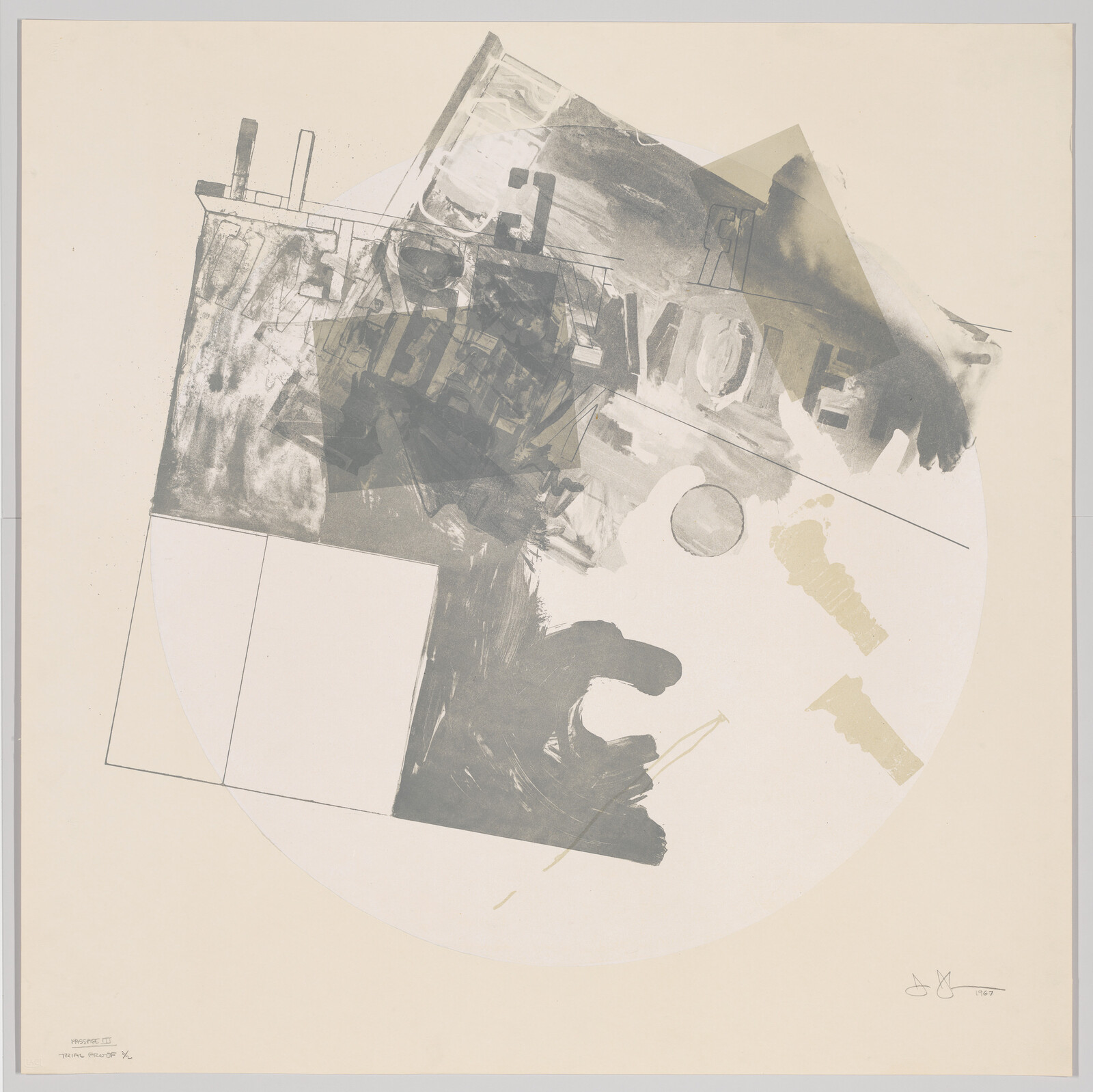 Abstract circular composition with overlapping gray shapes, brushstrokes, faint stenciled letters, and beige key-like marks.