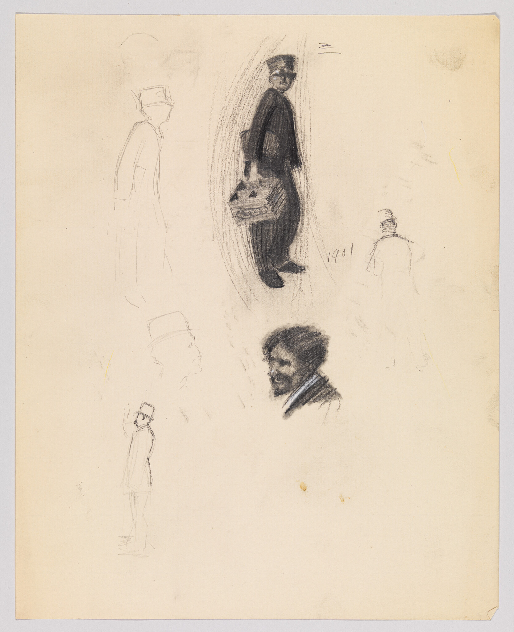 A uniformed porter carries a small trunk while other quick figure and head sketches surround him.