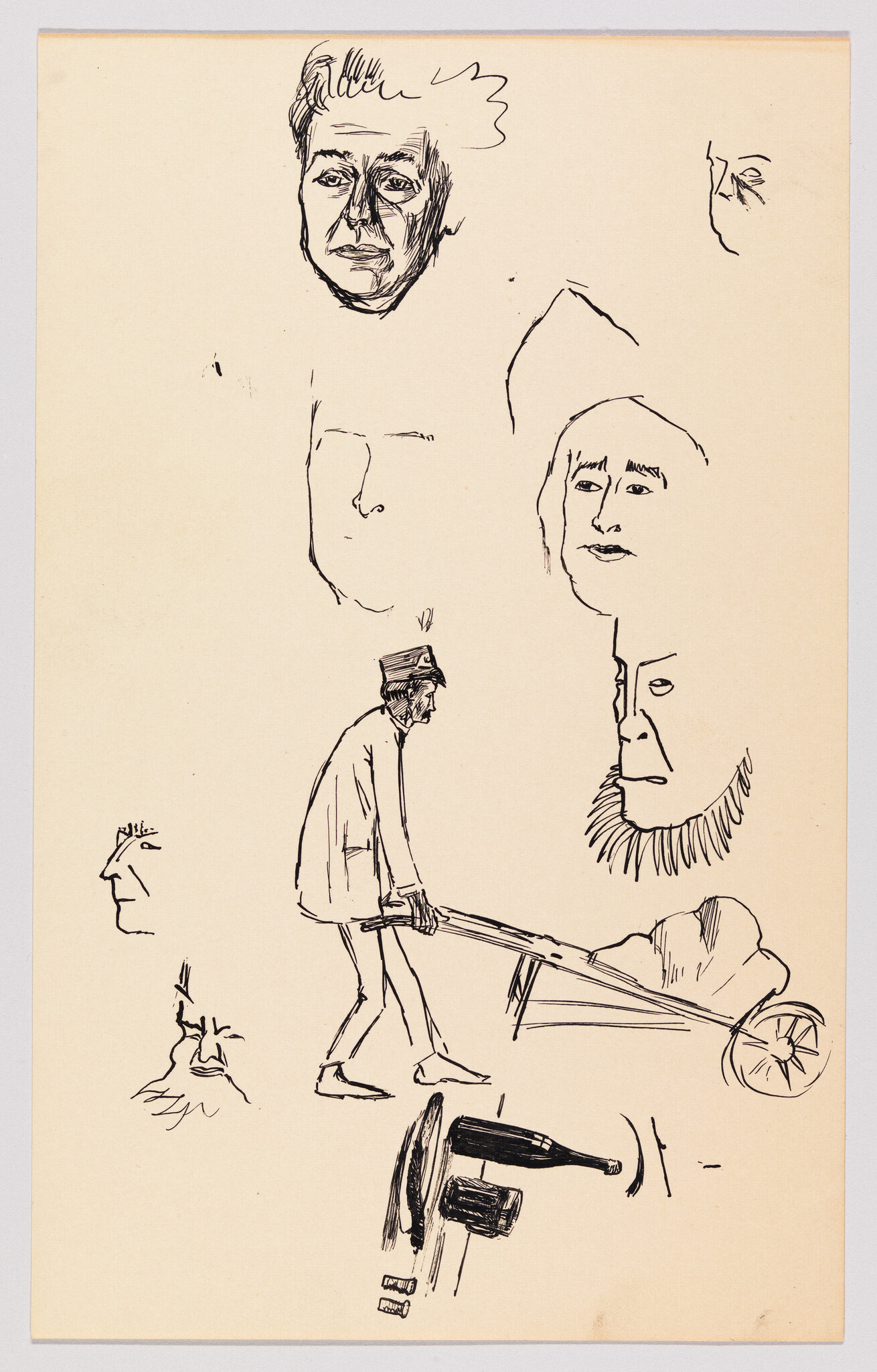 Several hand-drawn faces, a person pushing a cart, and two bottles with corks on a plain background.